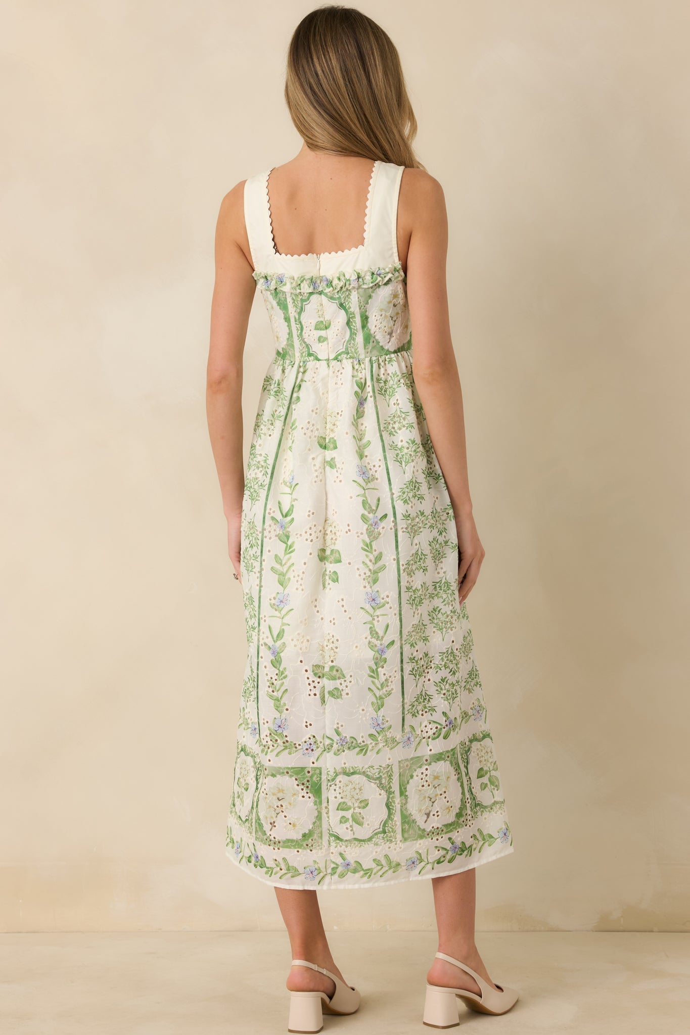 Spring Forward Ivory & Green Floral Eyelet Sleeveless Maxi Dress