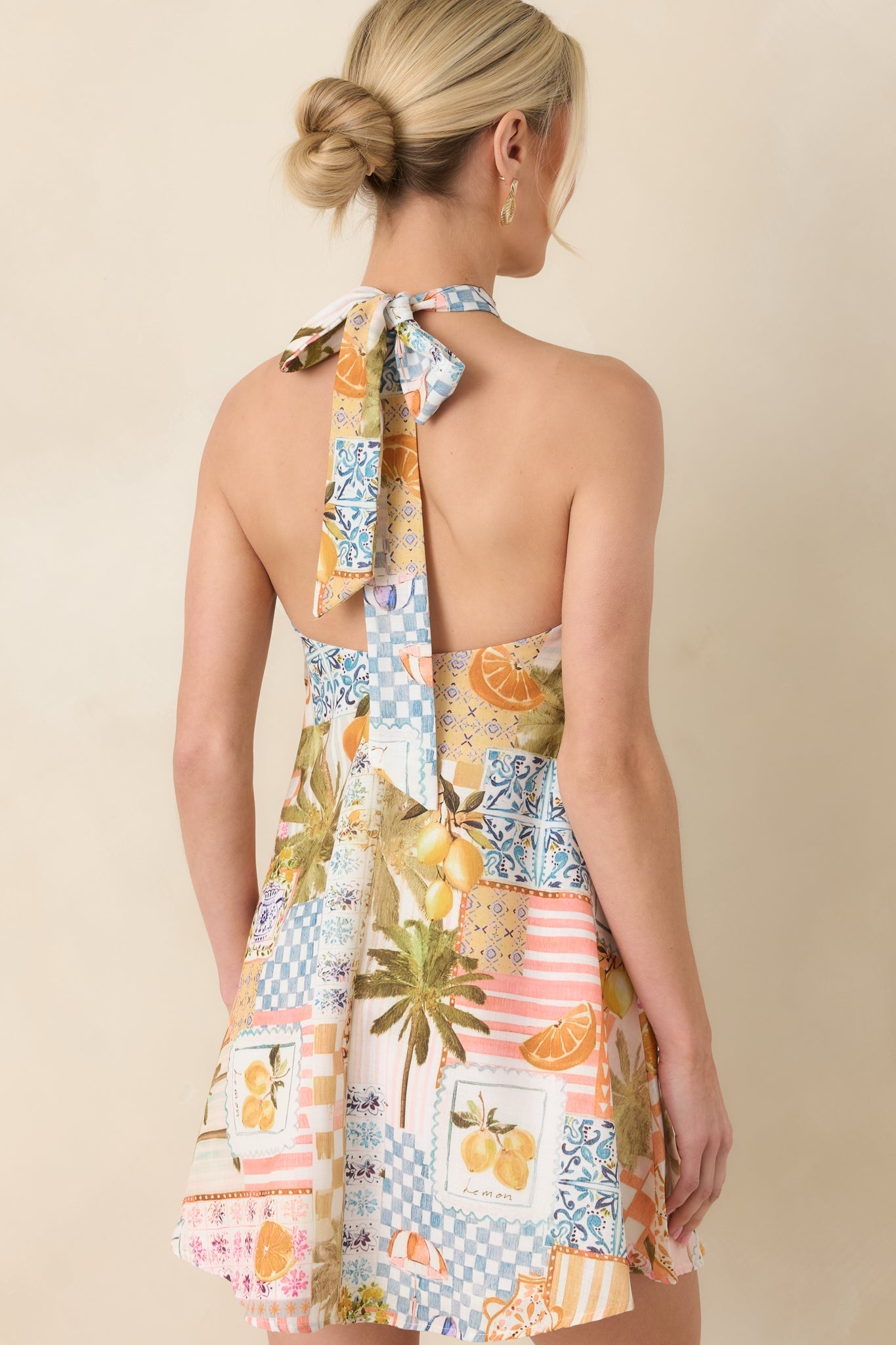 Twist & Spritz Citrus Patchwork Halter Mini Dress