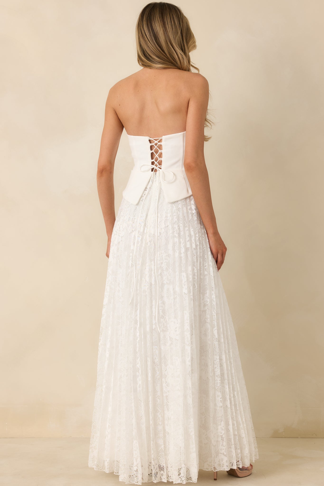 Say Yes to This White Corset Bodice & Pleated Lace Maxi Dress