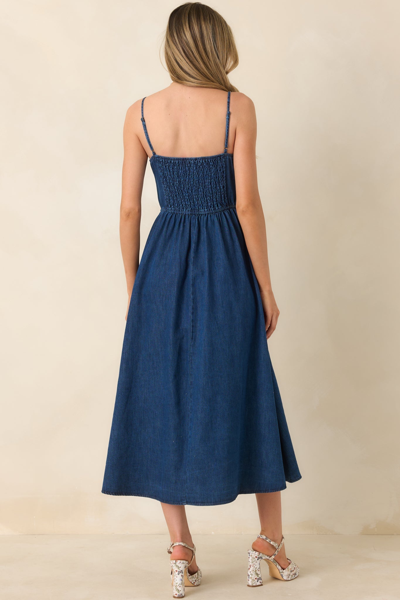 Tied at Twilight Dark Wash Bow Strap Detail Cotton Midi Dress