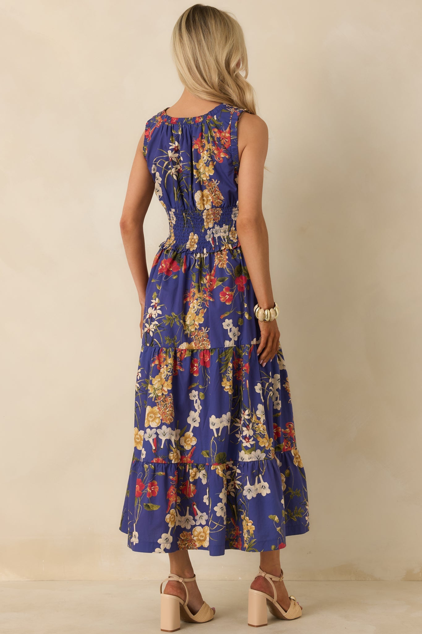 Let's Take a Ride Cobalt Blue Multi Cotton Floral Smocked Sleeveless Maxi Dress