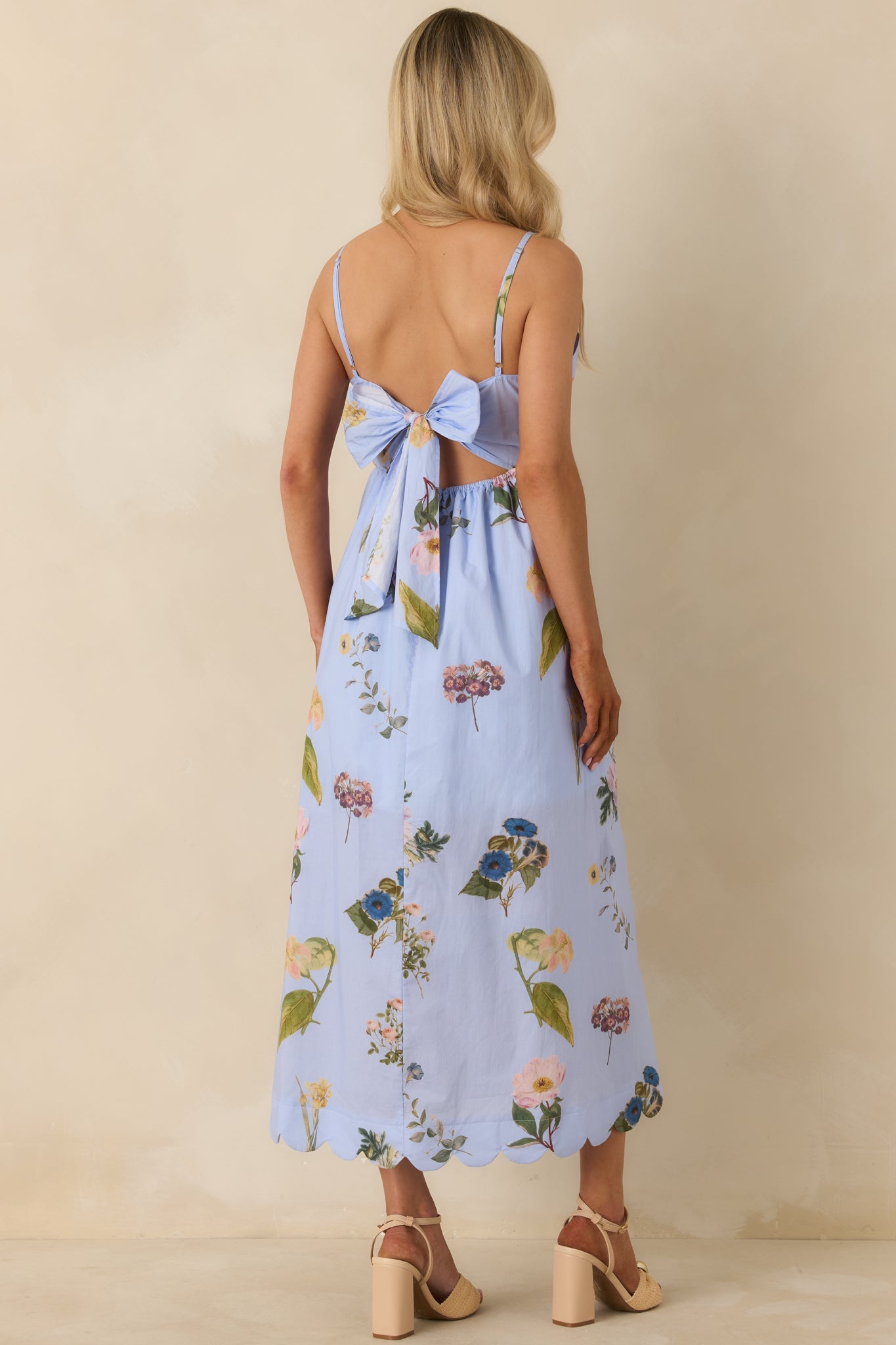 Promise in Bloom Blue Multi Floral Cotton Tie-Back Scalloped Midi Dress