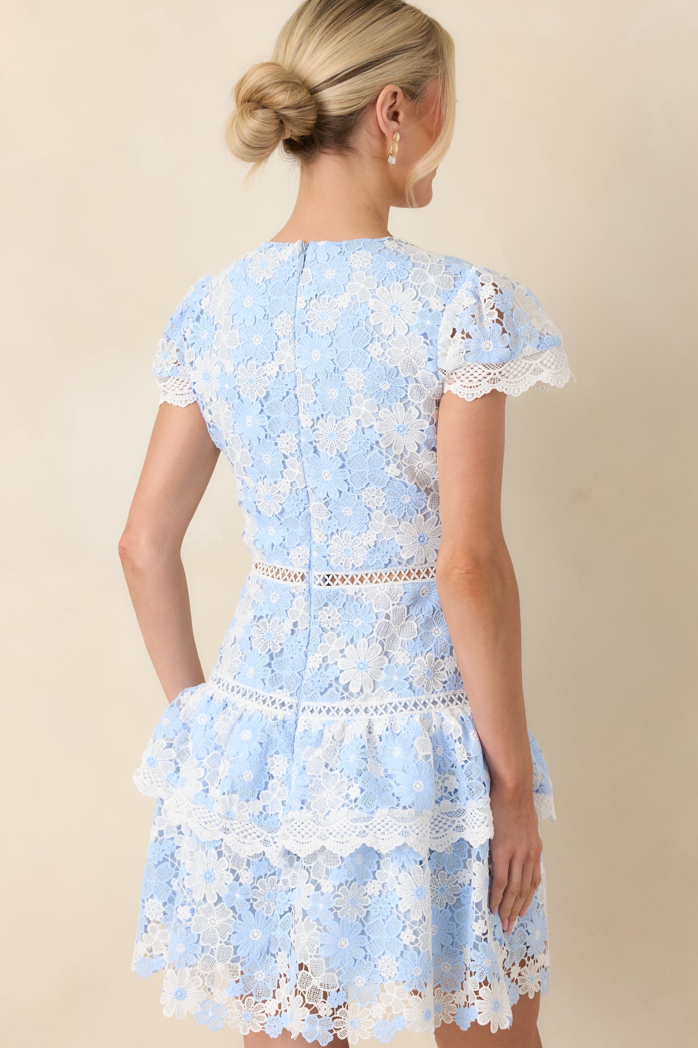 Tea with the Duchess Blue & Ivory Floral Lace Ruffle Hem Mini Dress