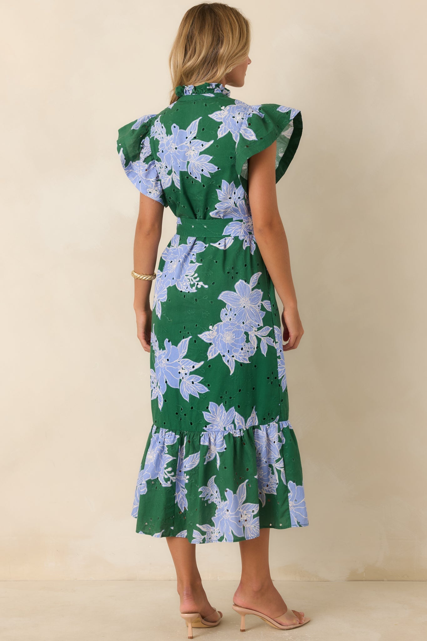 Fresh Air Affair Hunter Green & Blue Floral Cotton Eyelet Midi Dress