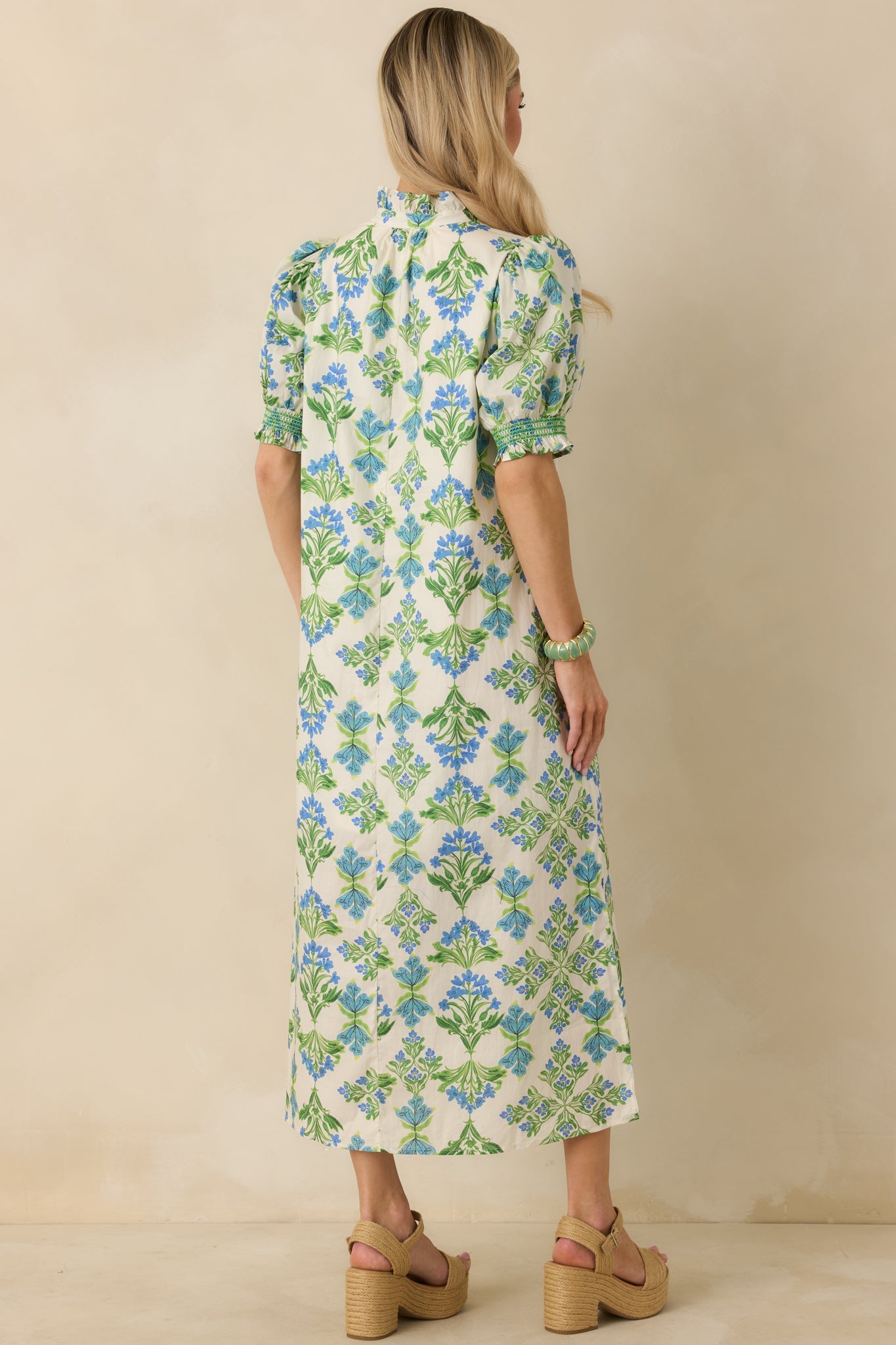 Fresh Fields Ivory Multi Cotton Floral Print Ruffle Neck Maxi Dress