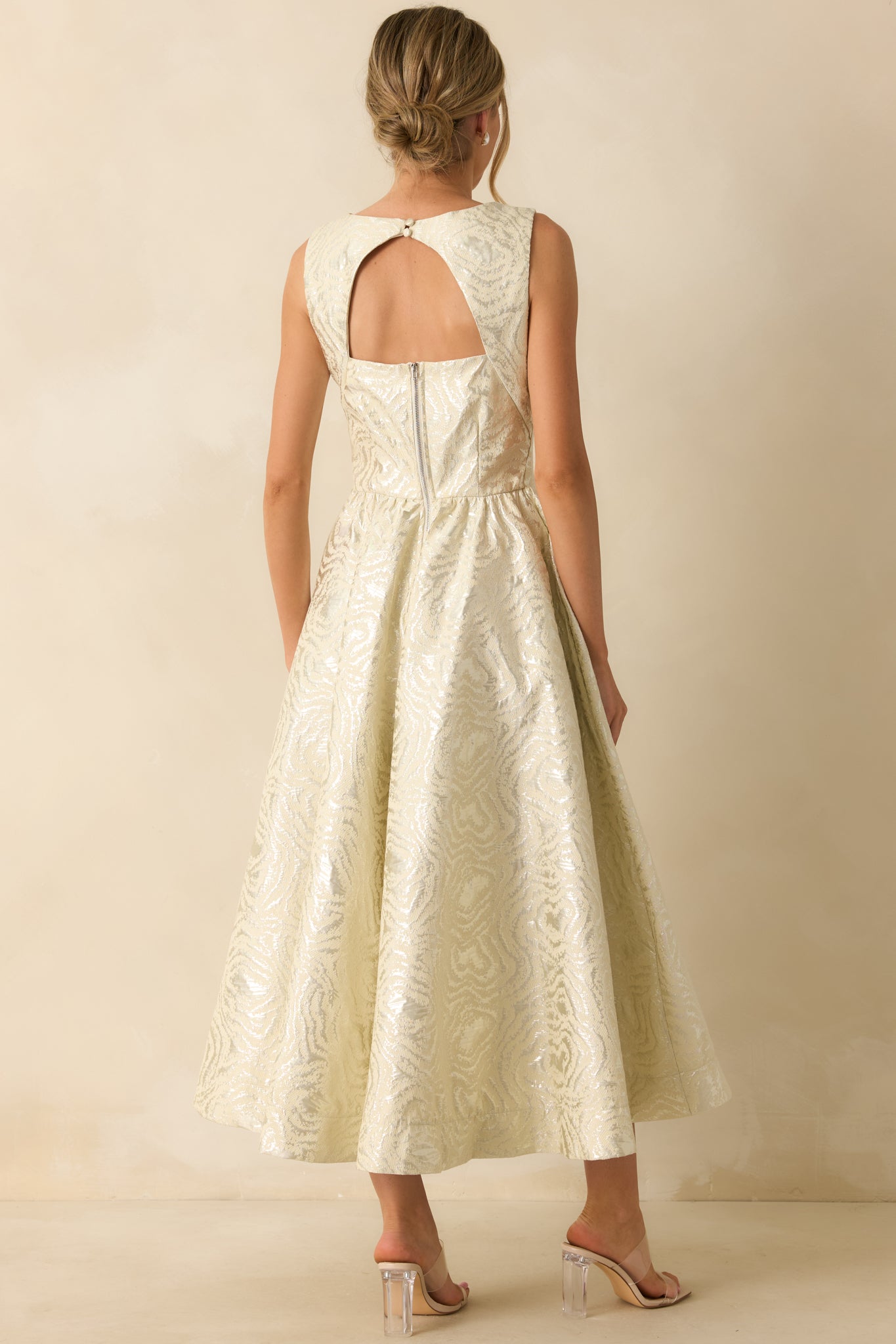 Written in Light Ivory Metallic Jacquard Sleeveless Maxi Dress
