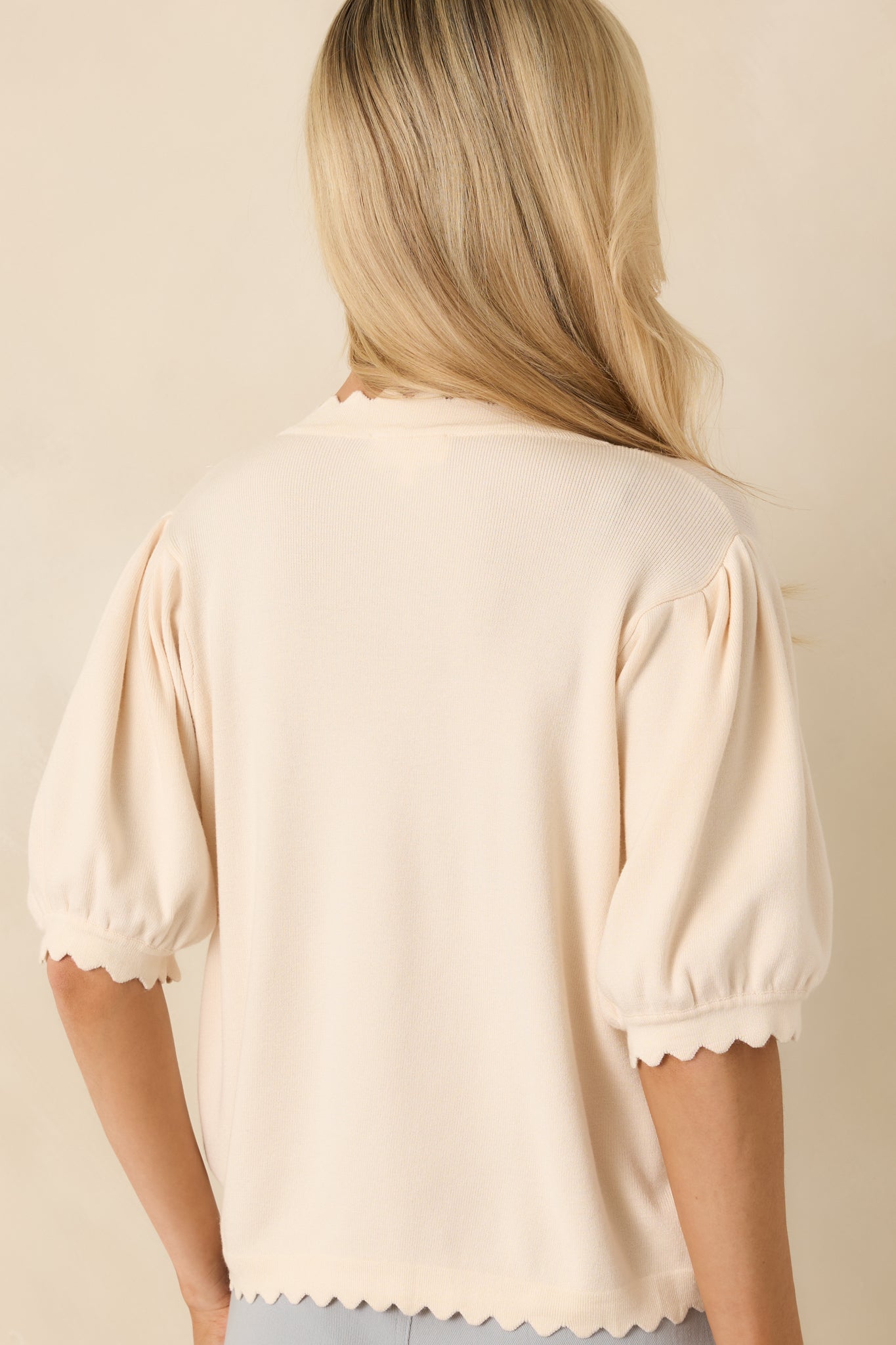 Simply So Cute Ivory Knit Scalloped Edge Puff Sleeve Button Up Cardigan