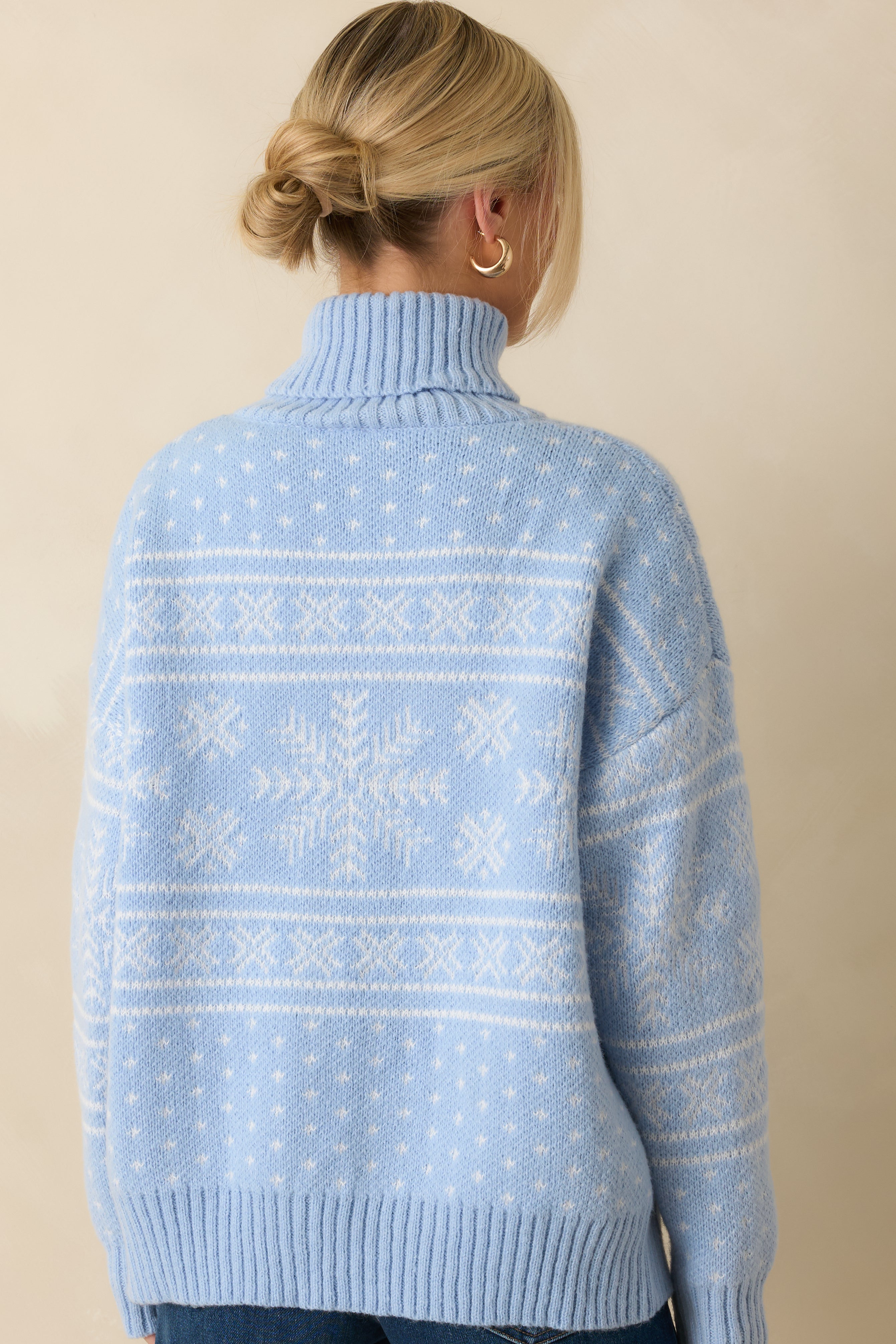 Winter Wanderer Light Blue Snowflake Knit Turtleneck Sweater