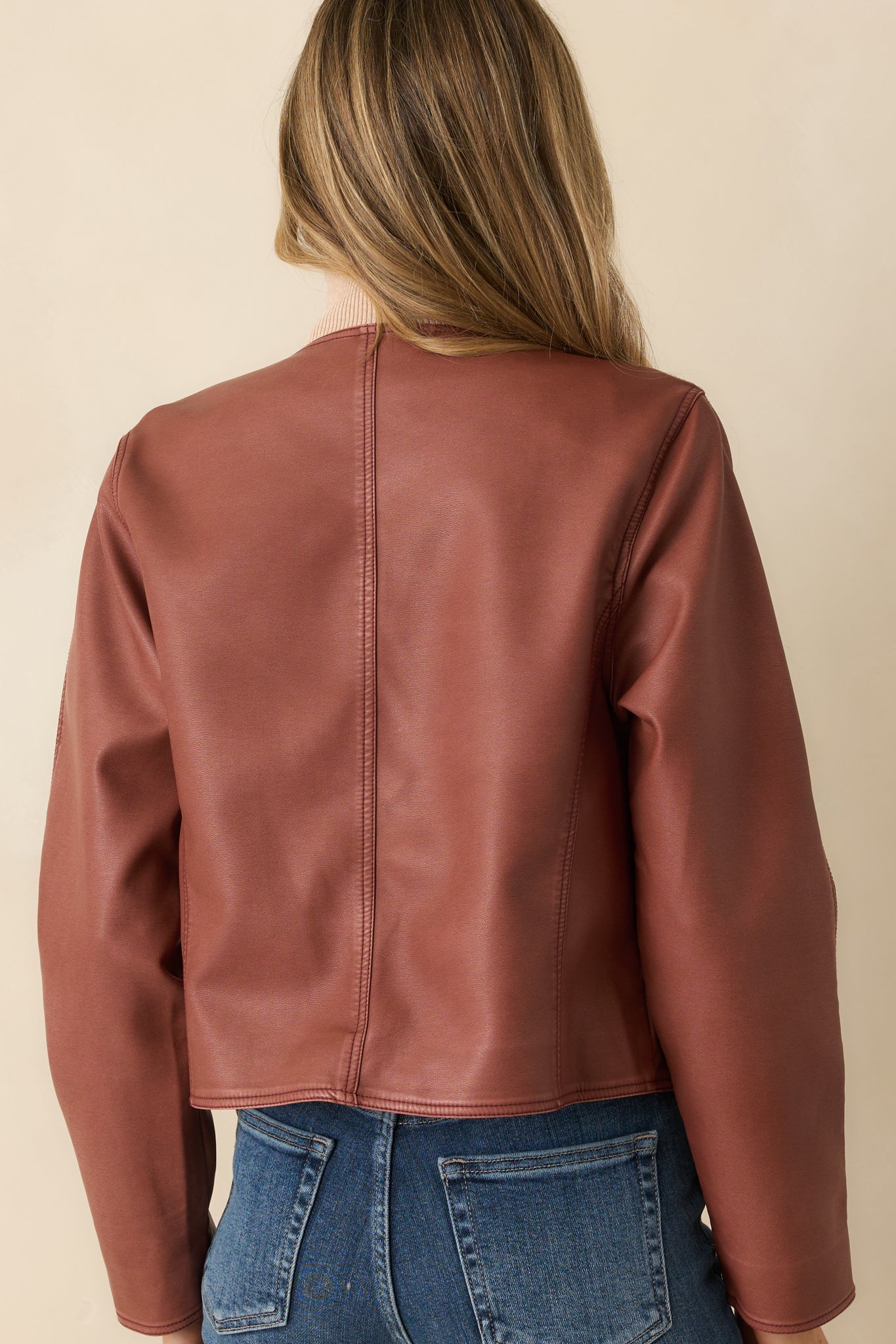 Made To Impress Mauve Faux Leather Cropped Button Up Jacket