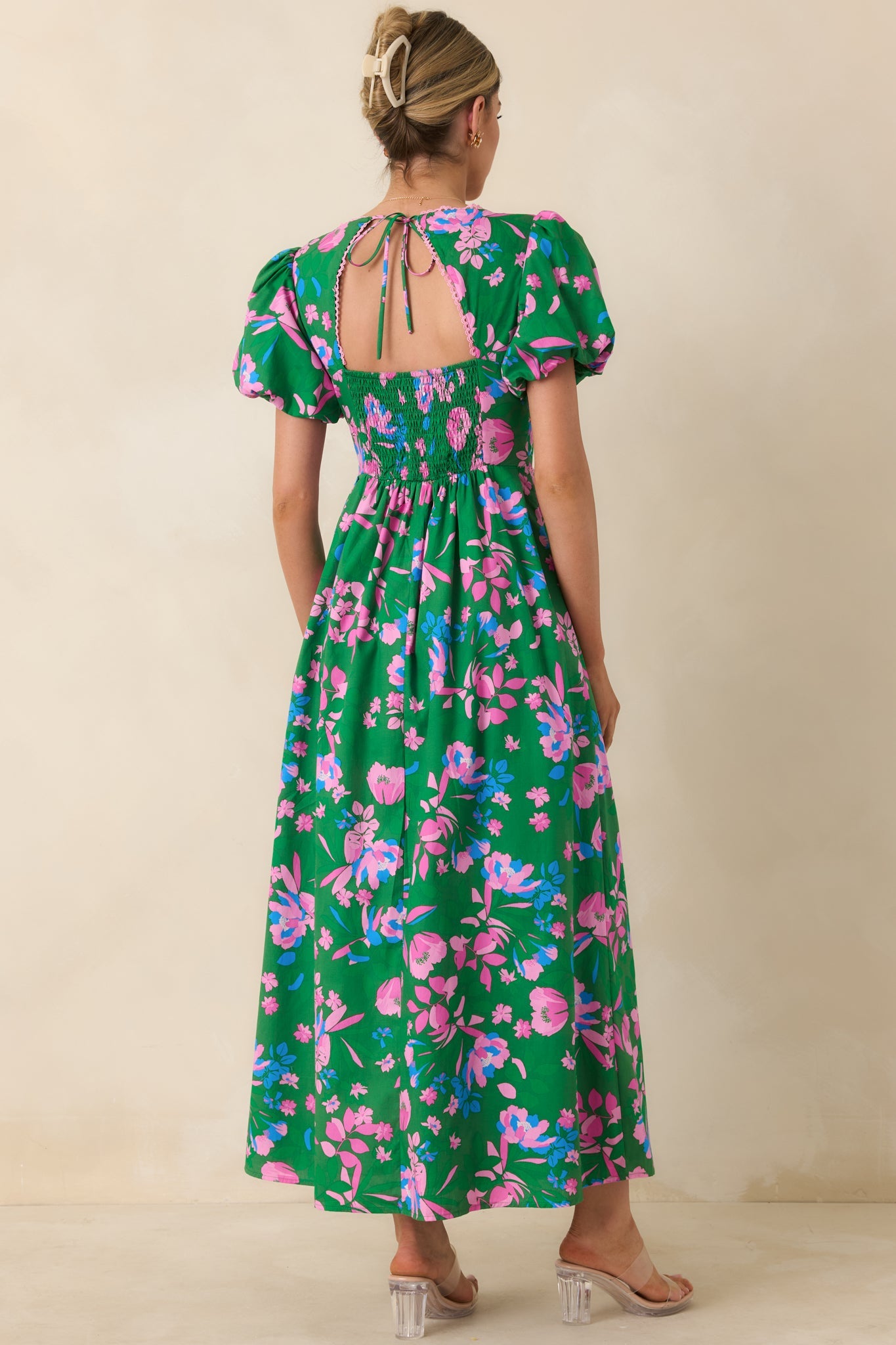 What a Dream Green Multi Floral Cotton Open Back Maxi Dress