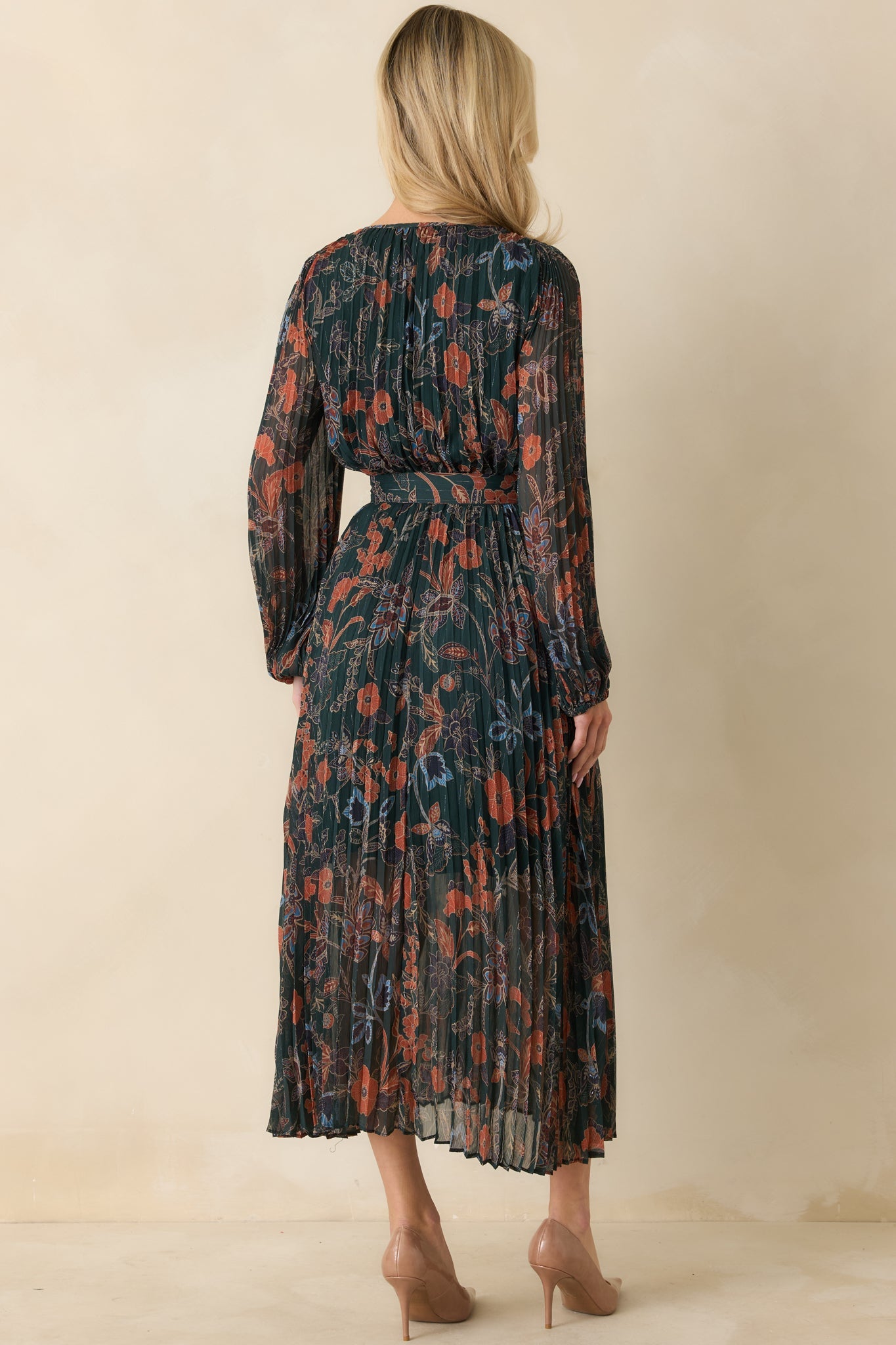 The One You Want Dark Green Multi Floral Pattern Pleated Maxi Dress