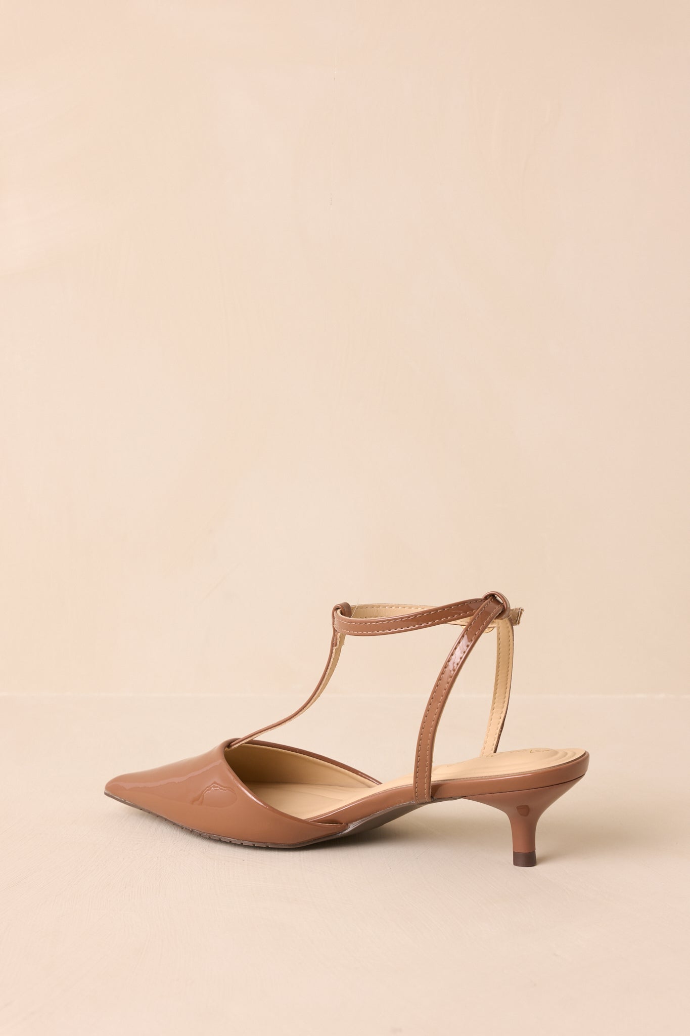 Had To Be There Mocha Brown Patent Faux Leather T-Strap Heels