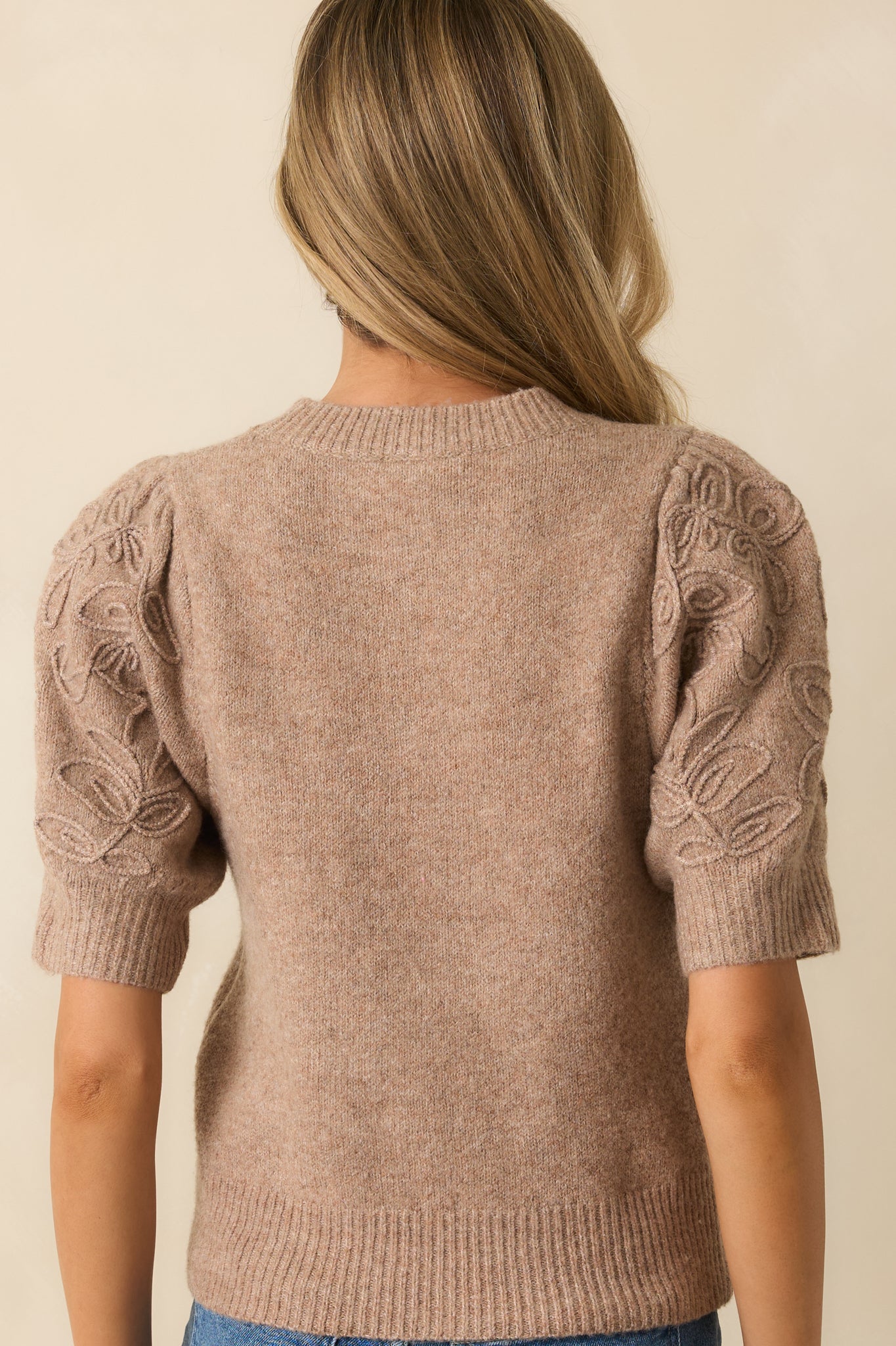 Warm Intuition Mocha Knit Embroidered Puff Sleeve Sweater