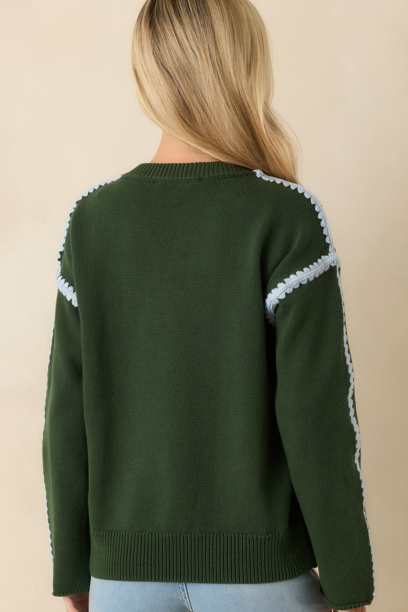 Along The Lines Moss Green Cotton Knit Crochet Trim Sweater