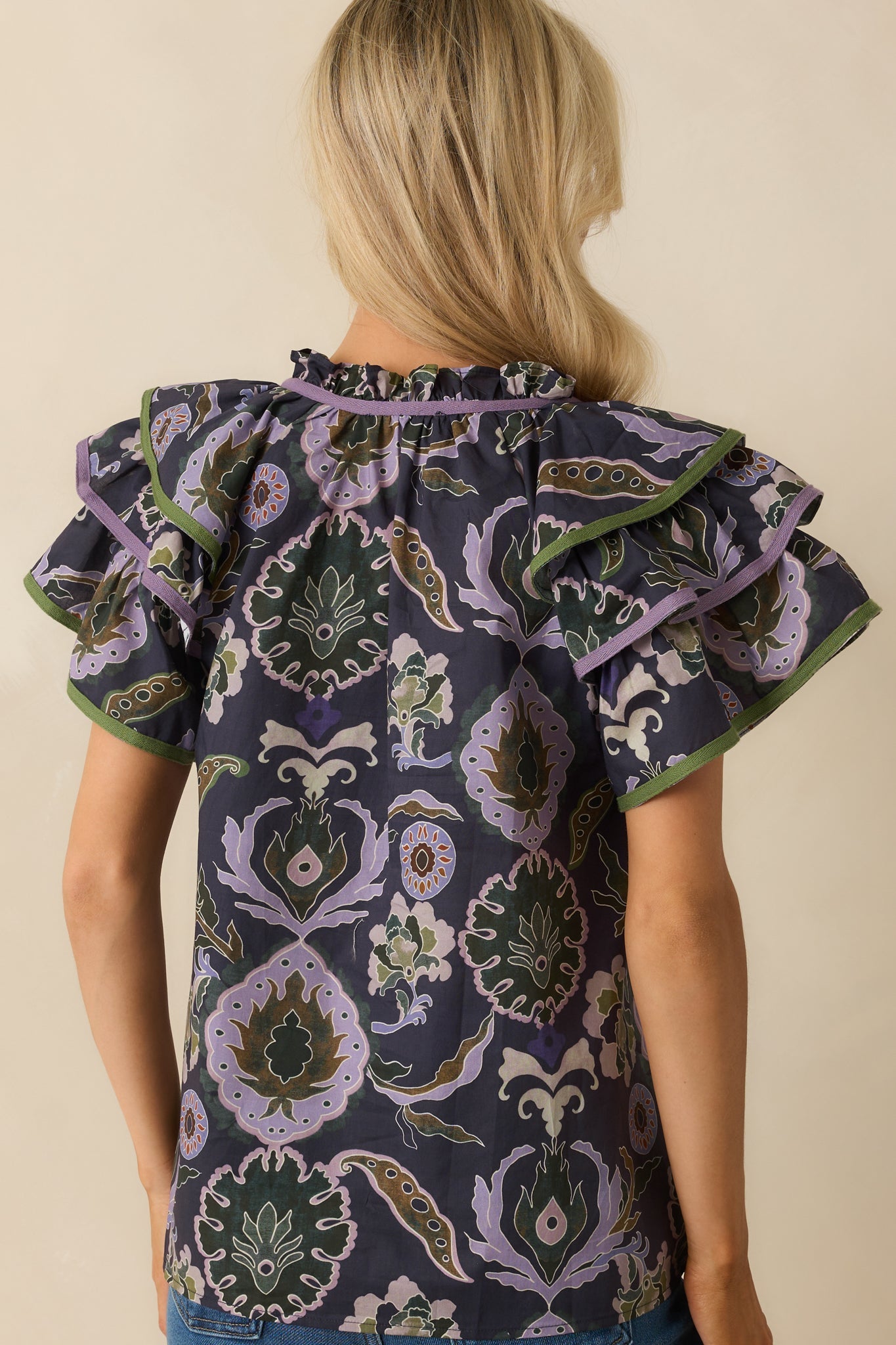 The Rest Is Certain Navy Multi Print Cotton Ruffle Sleeve Blouse