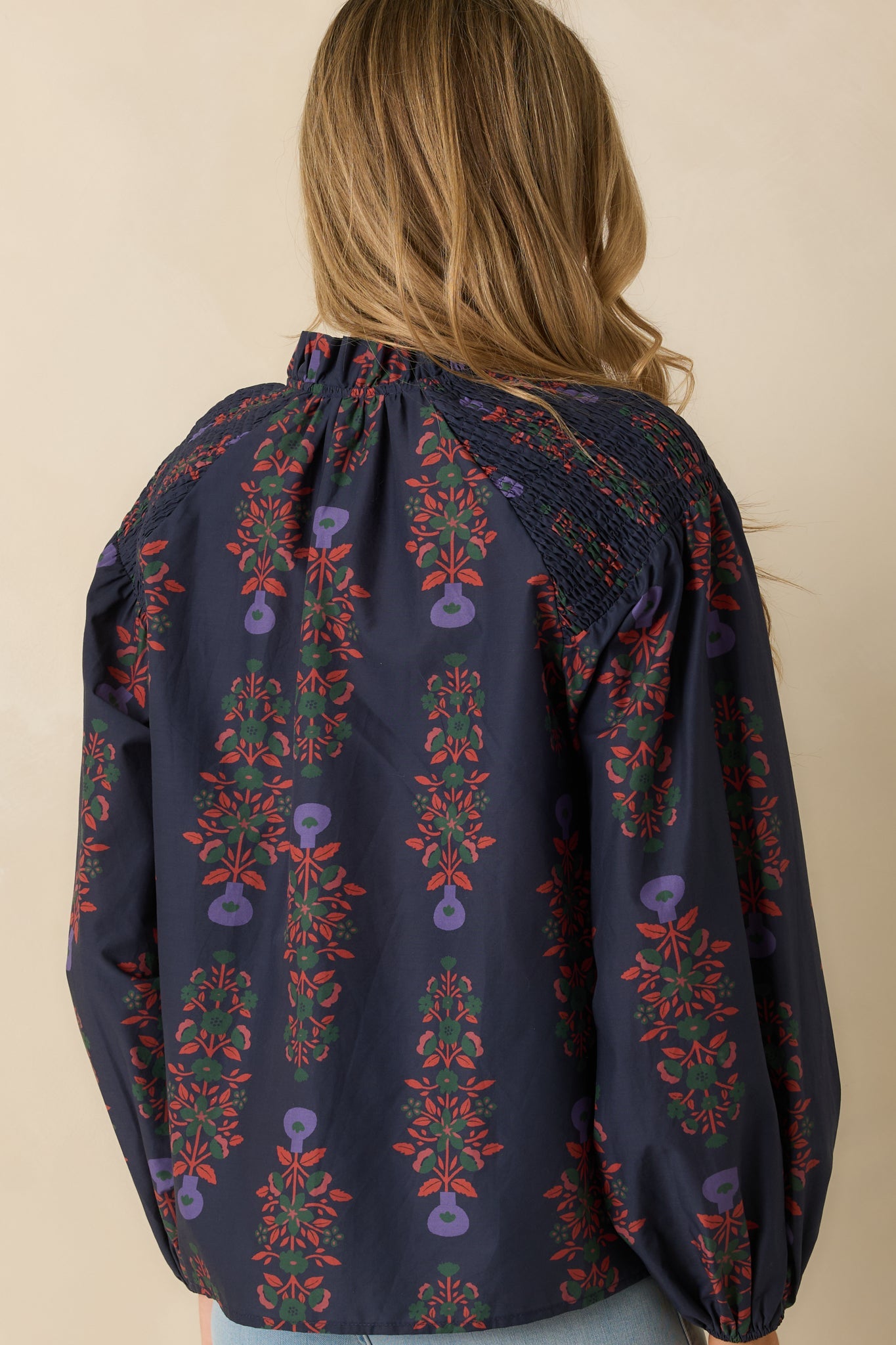 Starlit Garden Navy Multi Floral Print Cotton Peasant Top