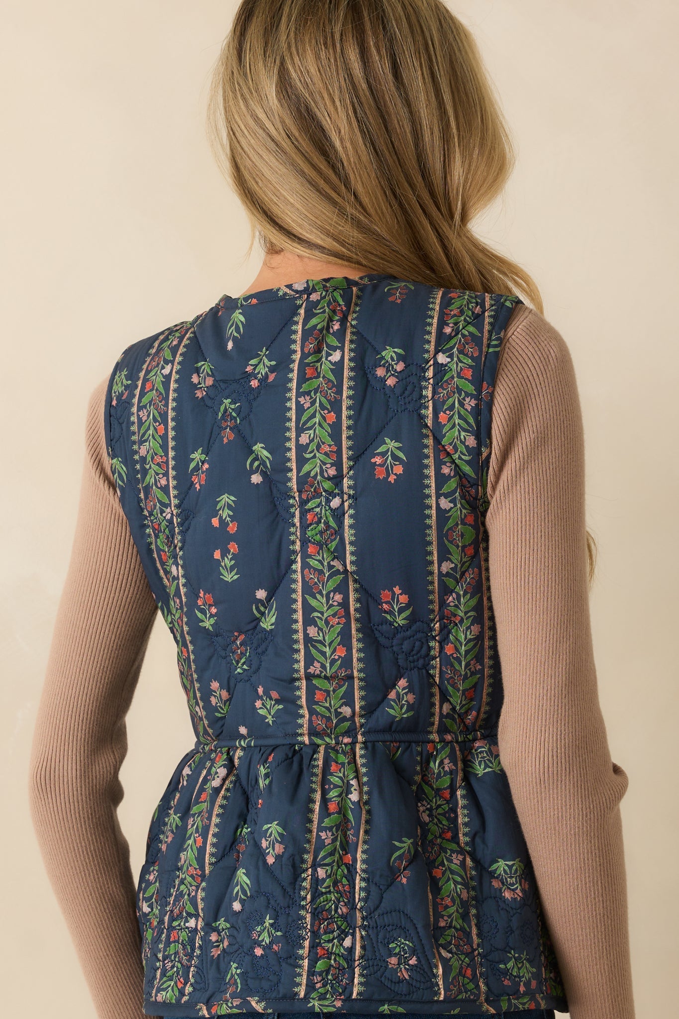 After All Is Said Navy Multi Floral Print Bow Front Quilted Vest