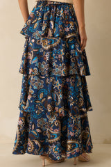 Meant To Stay Navy Multi Floral Print Tiered Satin Maxi Skirt