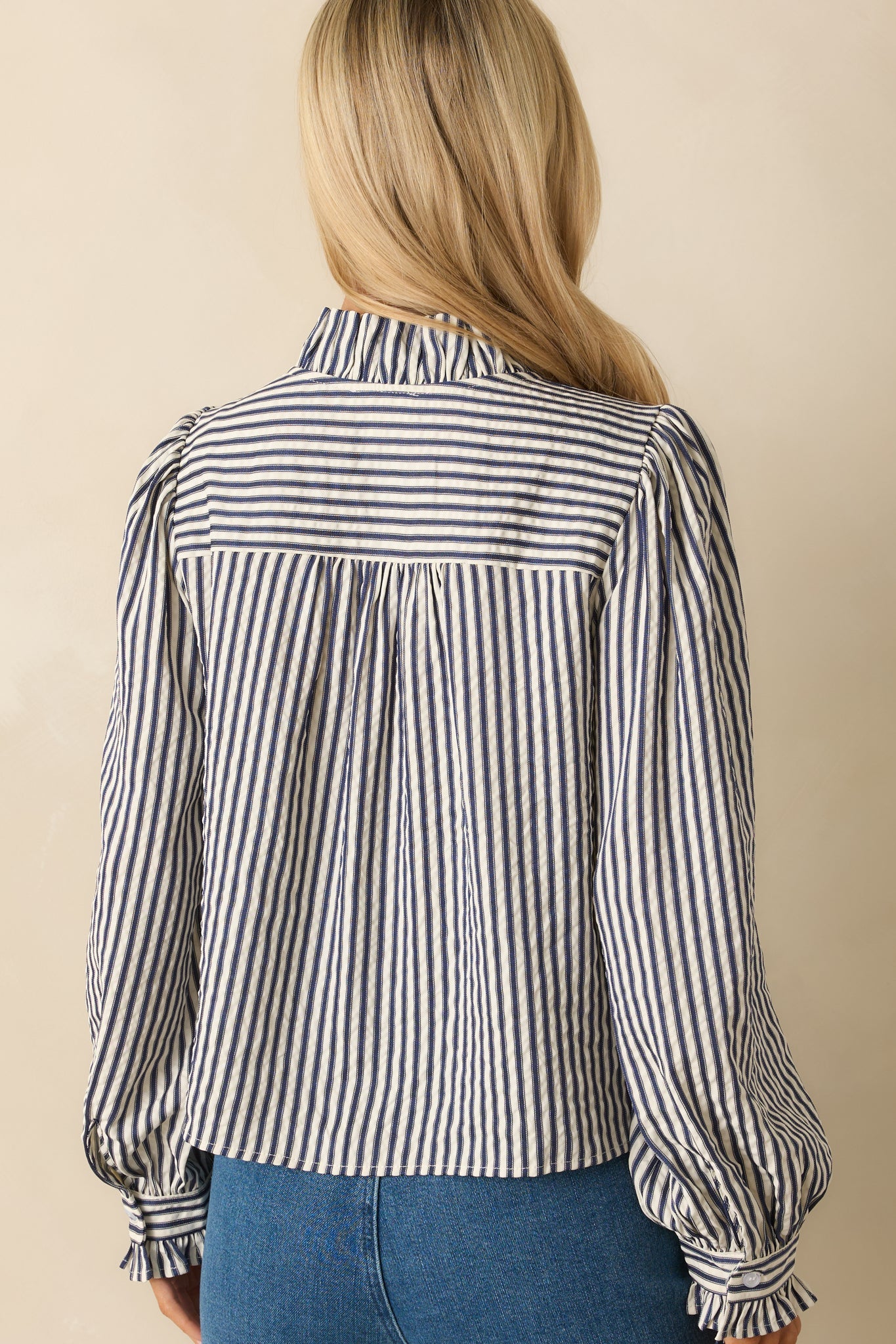 Neatly Noted Navy Blue Striped Seersucker Ruffle Blouse