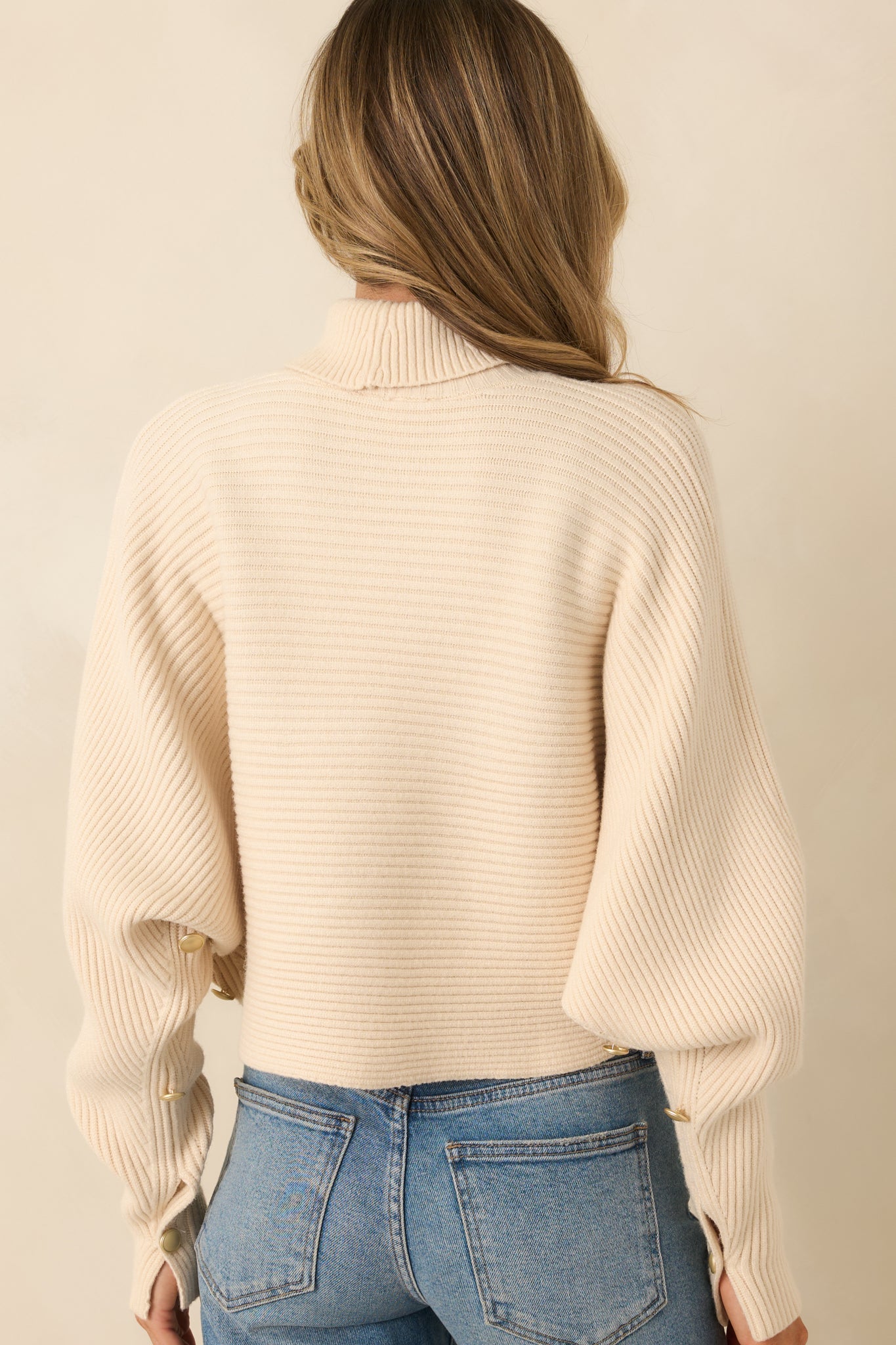 Polished Path Beige Ribbed Batwing Cropped Turtleneck Sweater
