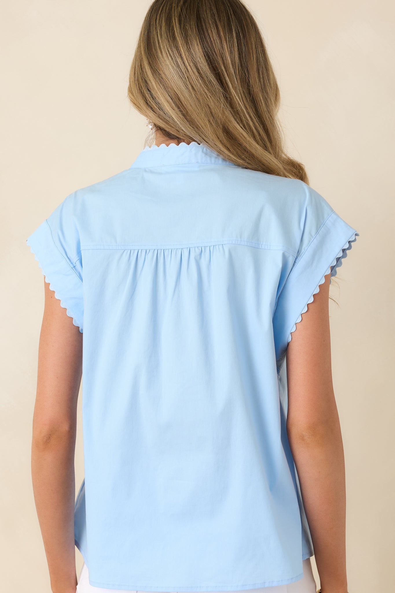 Oh, So Charming Light Blue Scalloped Trim Button Front Top