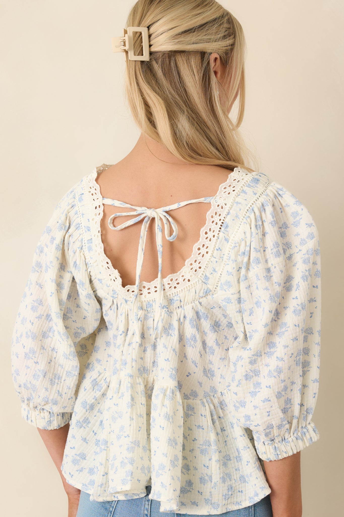 Sweetest Story Ivory & Blue Floral Cotton Blouse
