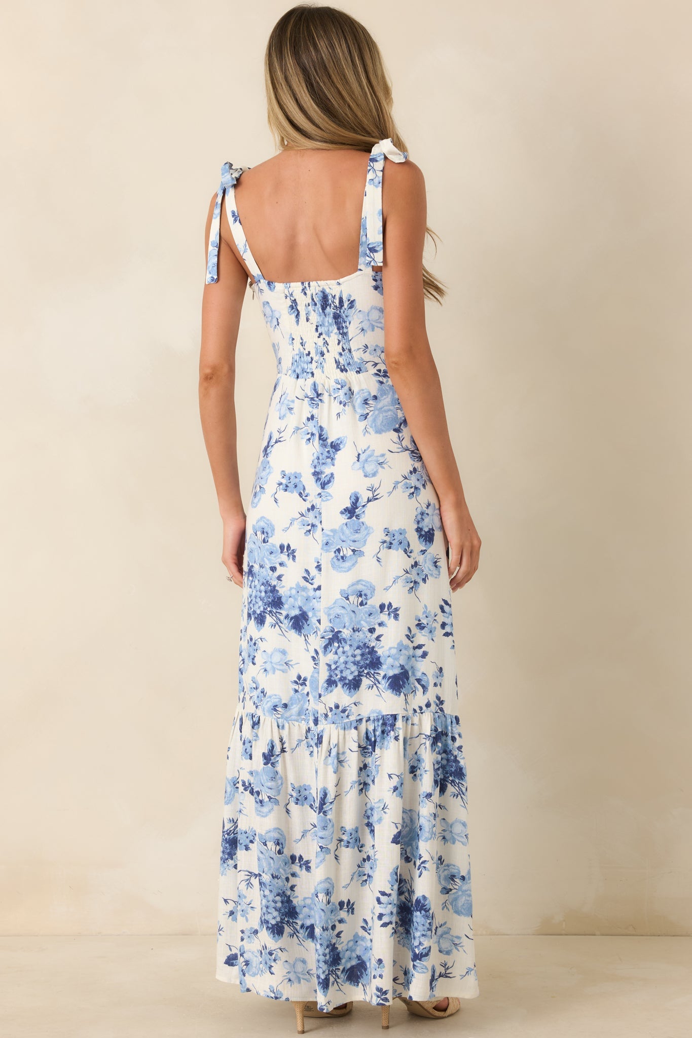 Timeless & True Blue Floral Tie Shoulder Tiered Midi Dress