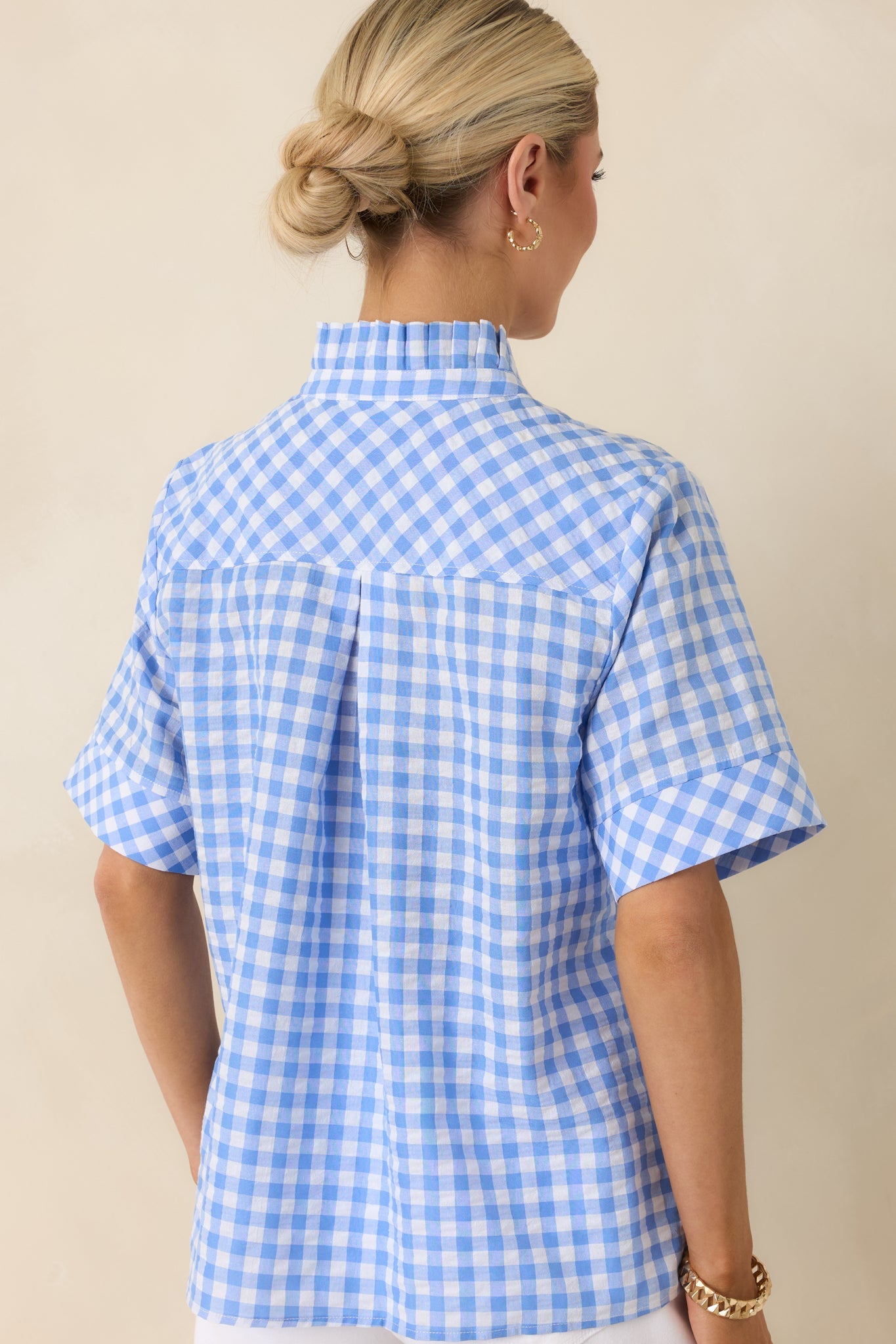 Plans in the Sunshine Blue Gingham Cotton V-Neck Top