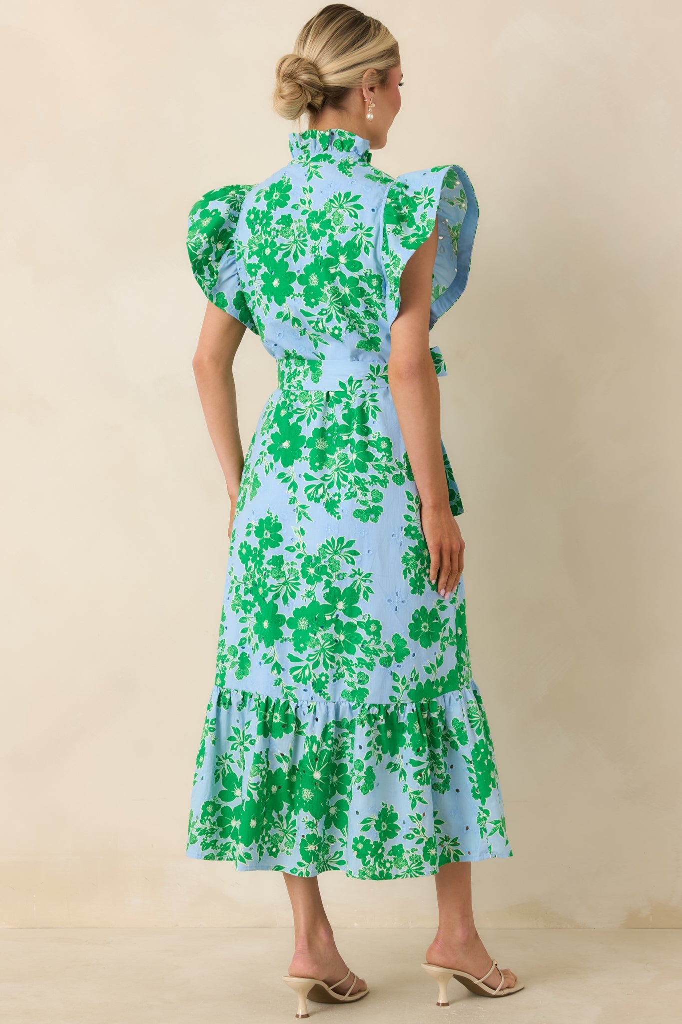 Fresh Air Floral Blue & Green Cotton Floral Eyelet Midi Dress