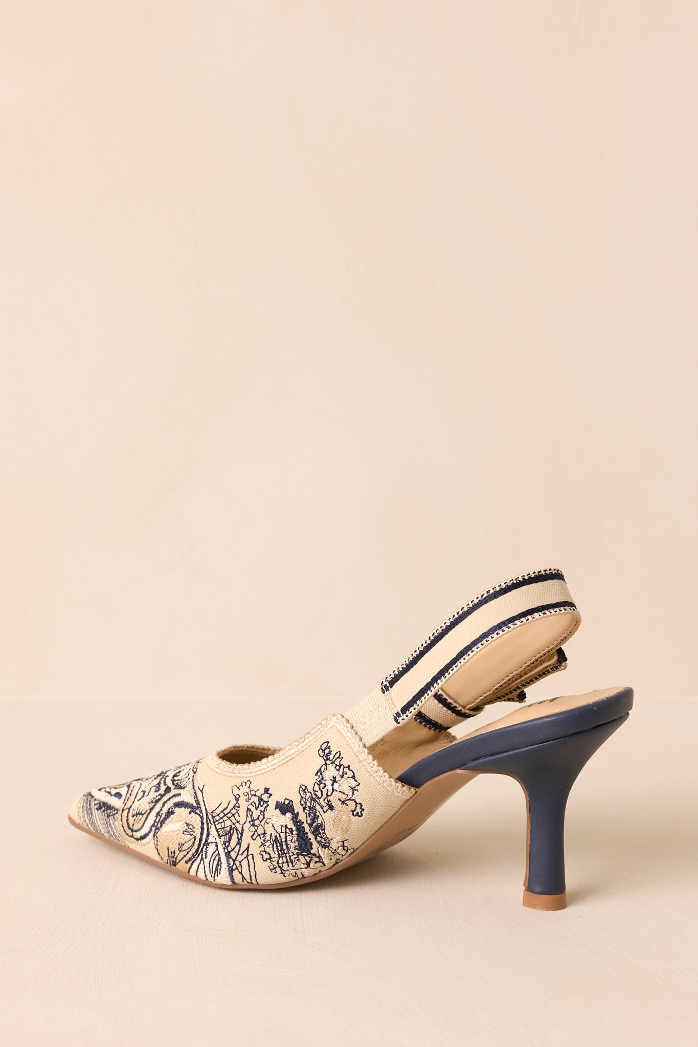 Written In Memories Vintage Navy Blue Multi Embroidered Fabric Slingback Heels