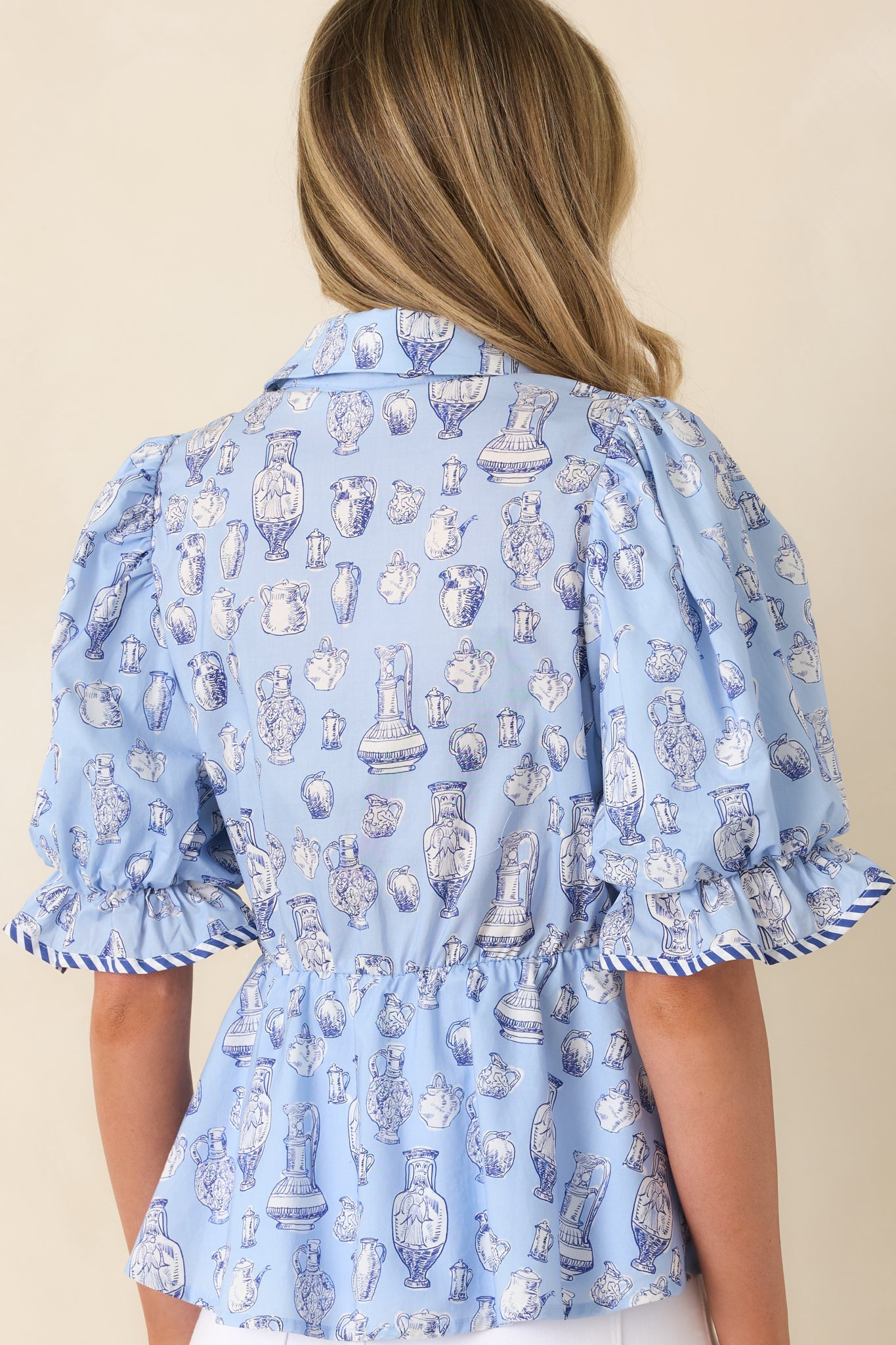 Artful Moment Blue Toile Print Cotton Puff Sleeve Blouse