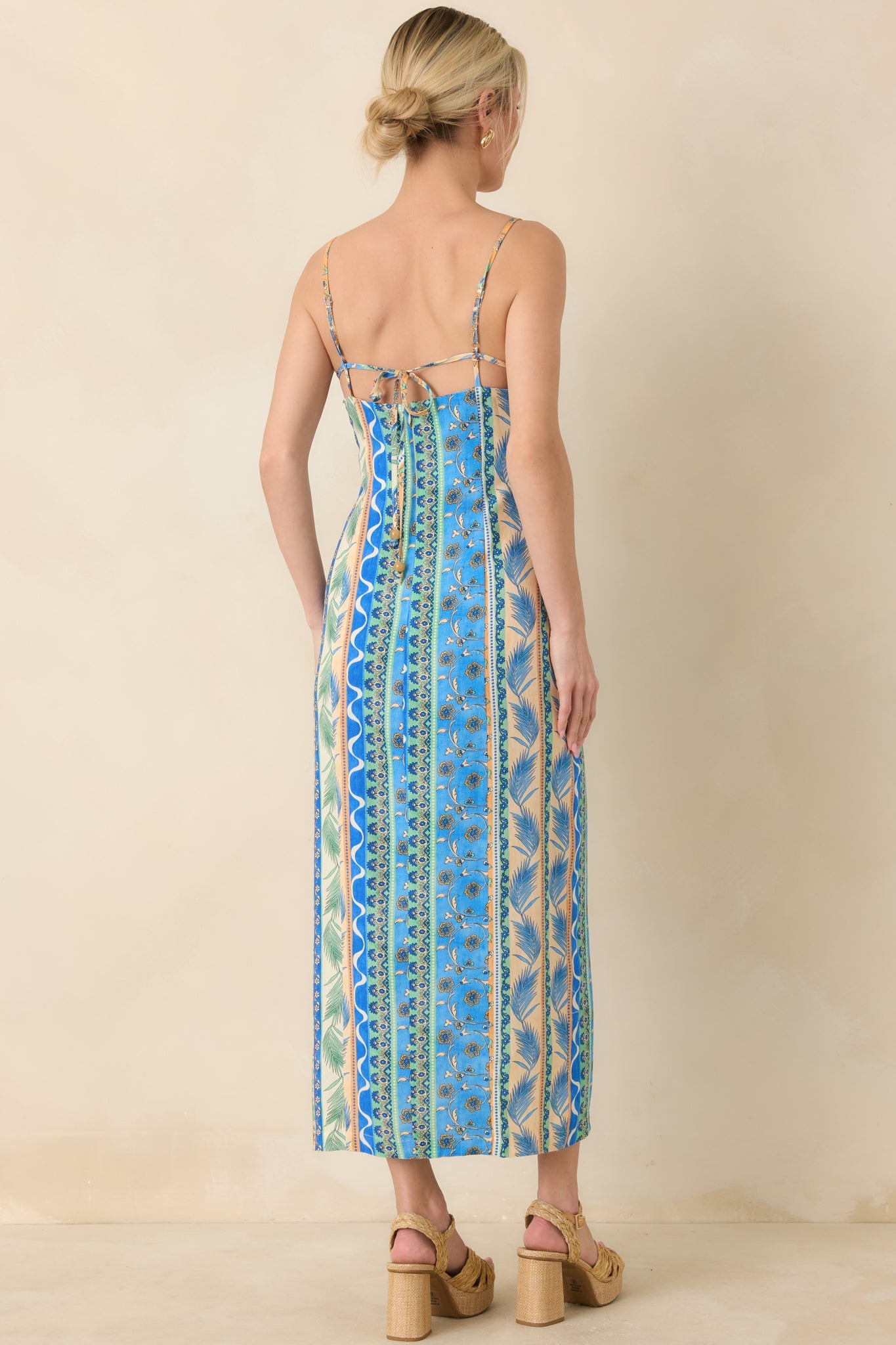 Sipping Under the Palms Blue Multi Tropical Print Bead Detail Midi Dress