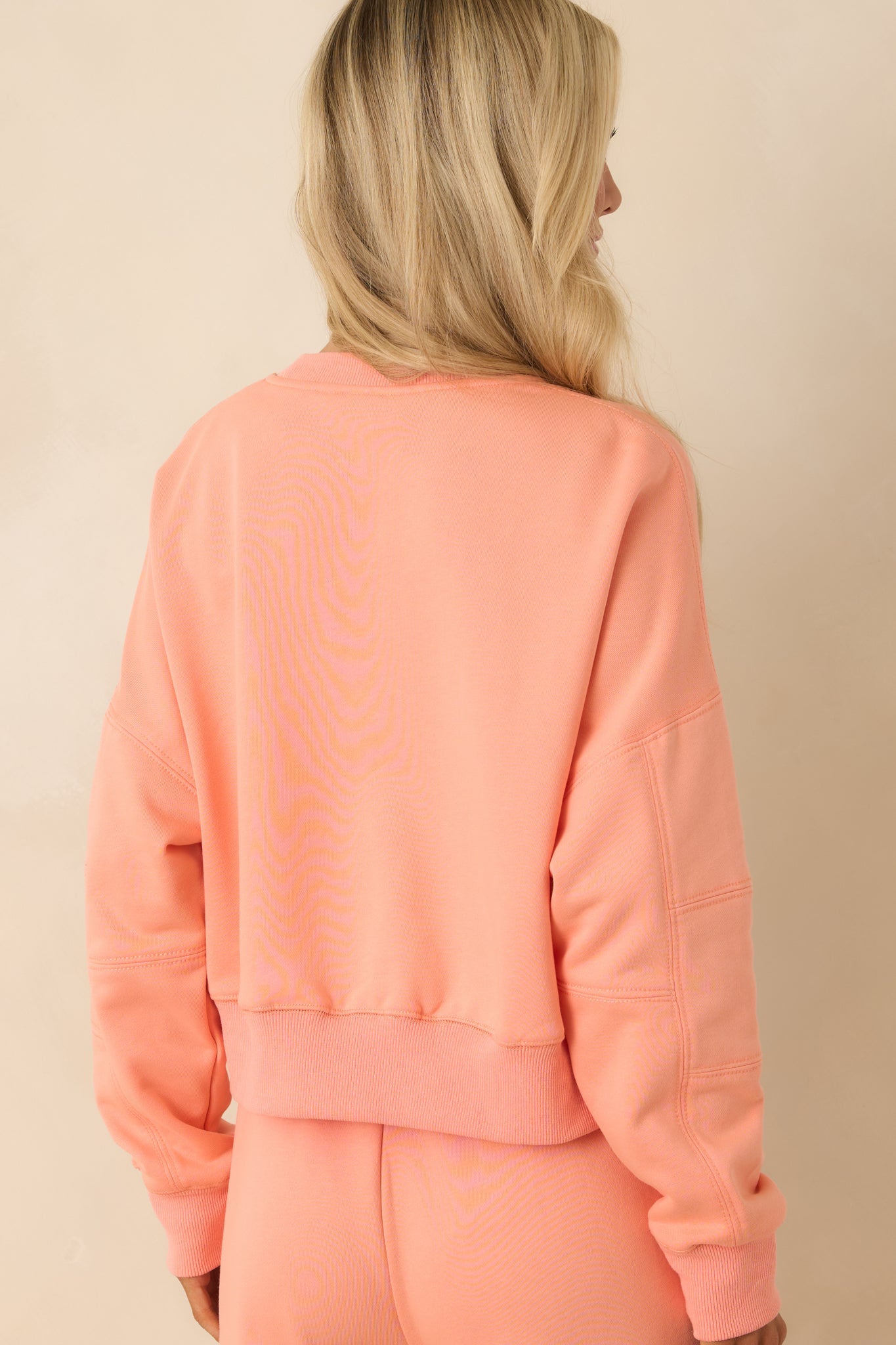 Hot Take Coral Orange Block-Stitched Long Sleeve Sweatshirt