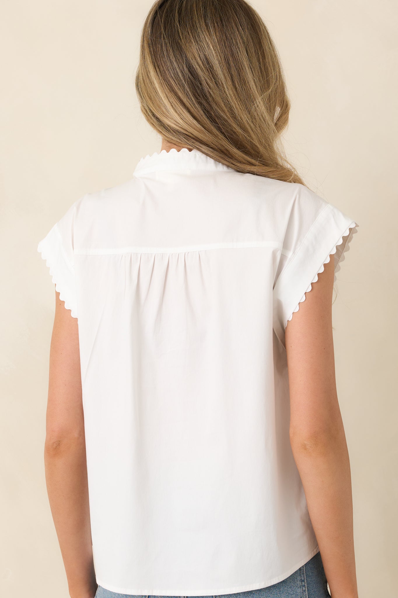 Oh, So Charming White Scalloped Trim Button Front Top