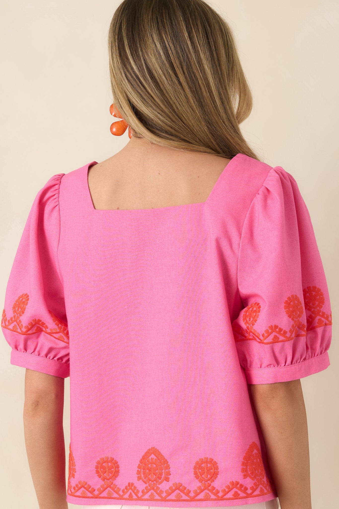 Cute With a Kick Pink & Poppy Red Contrast Embroidered Top