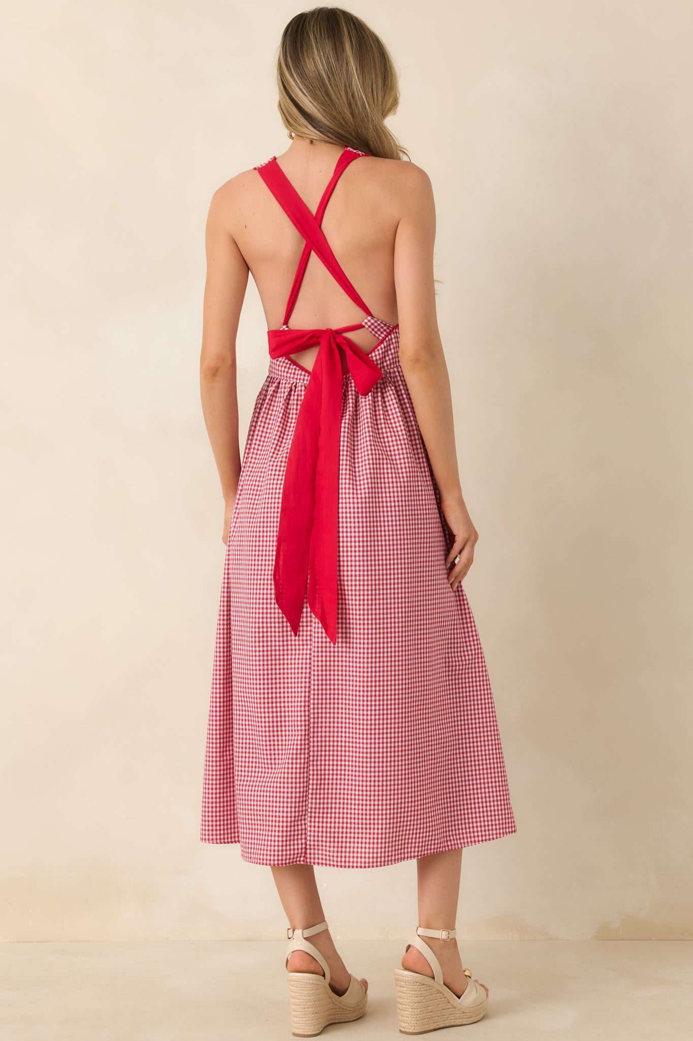 Just Because I Can Red Gingham Open Back Tie Maxi Dress