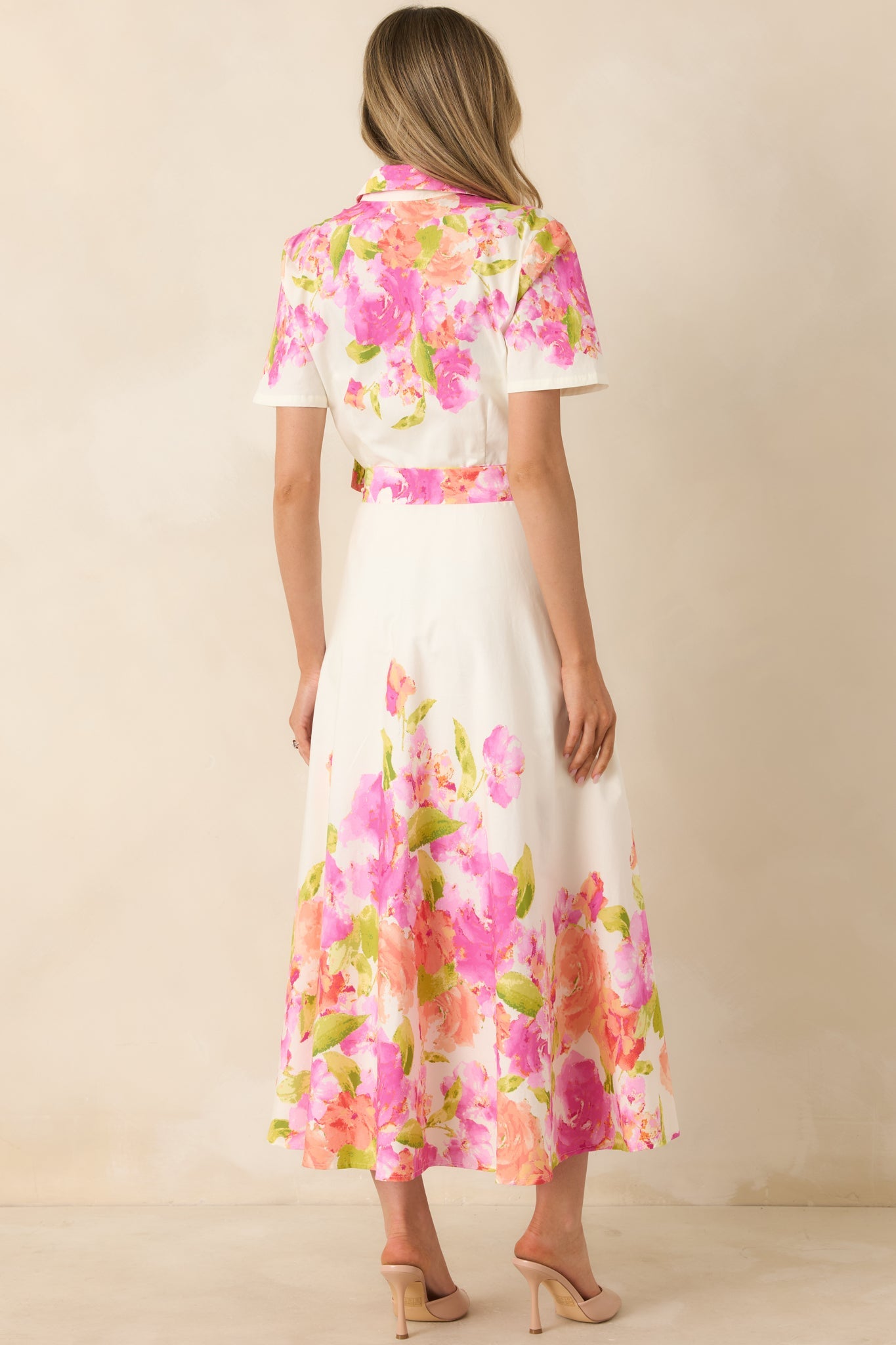 Rosy Outlook Pink Multi Floral Cotton Tie-Belt Midi Dress