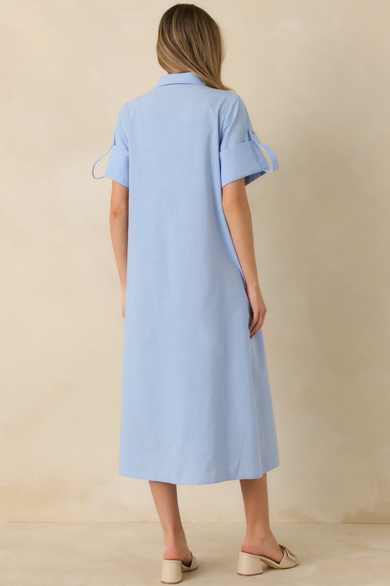 Show Me the Way Light Blue Cotton Button Front Midi Shirt Dress