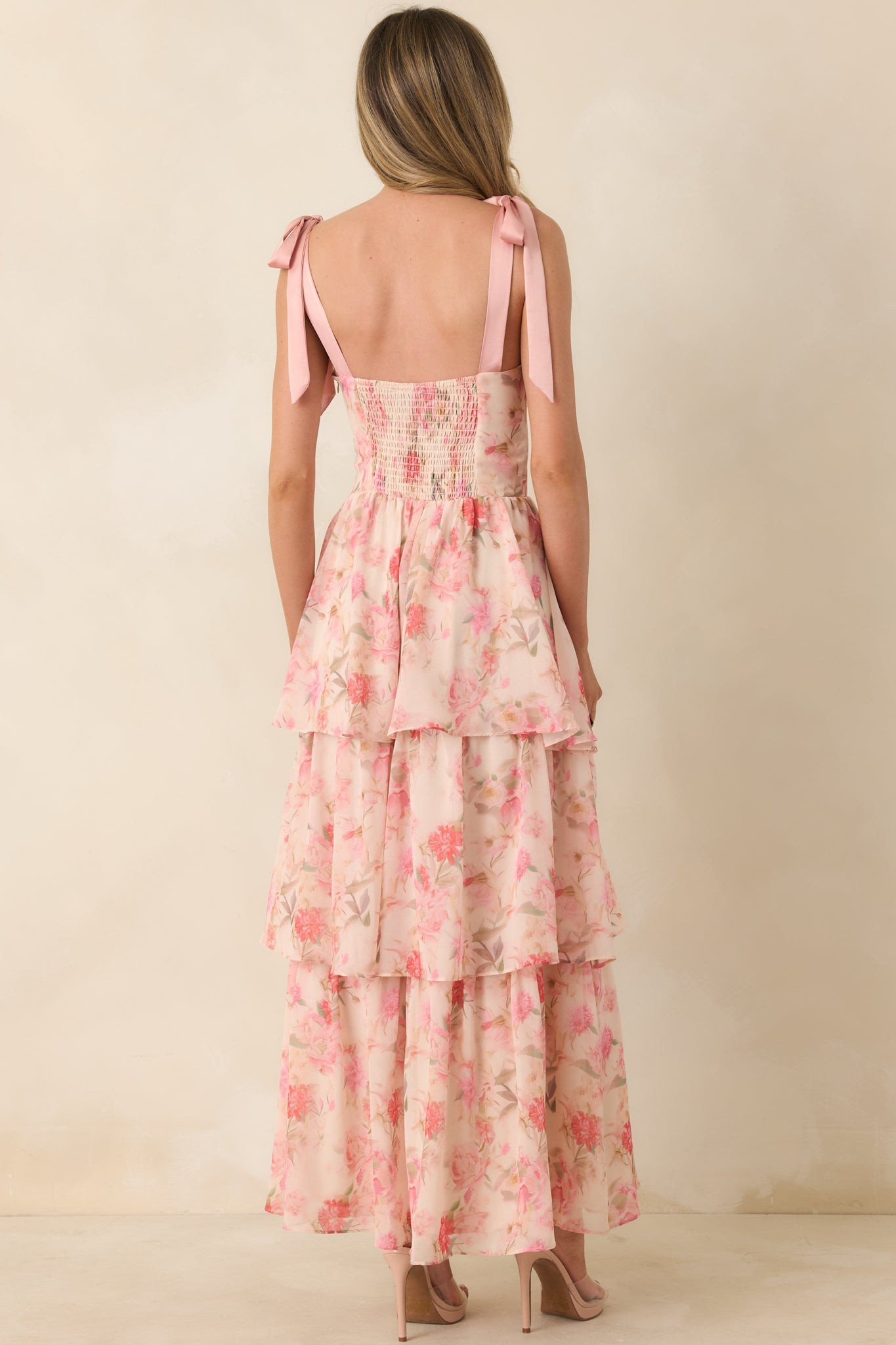 Written in Flowers Coral Pink Floral Tie Strap Maxi Dress