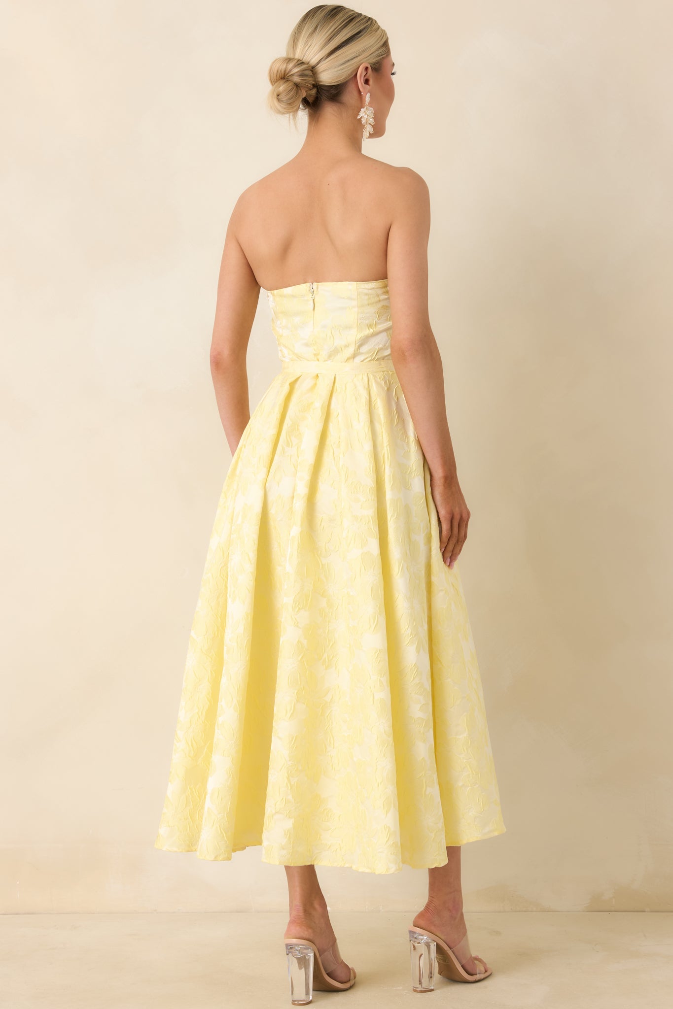 Radiating Joy Yellow Floral Jacquard Strapless Midi Dress
