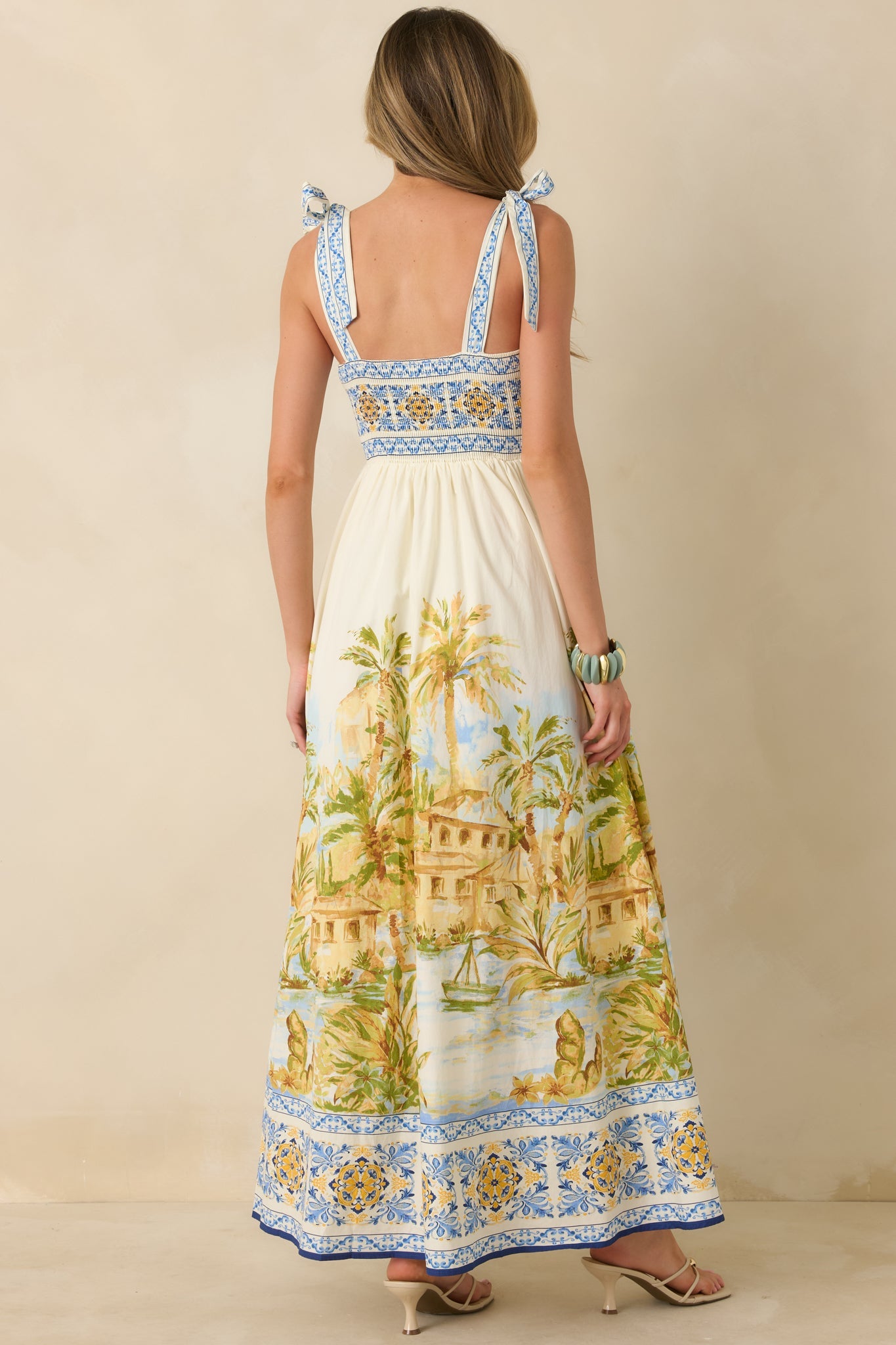 Paradise in Sunlight Ivory Multi Tie-Strap Cotton Maxi Dress