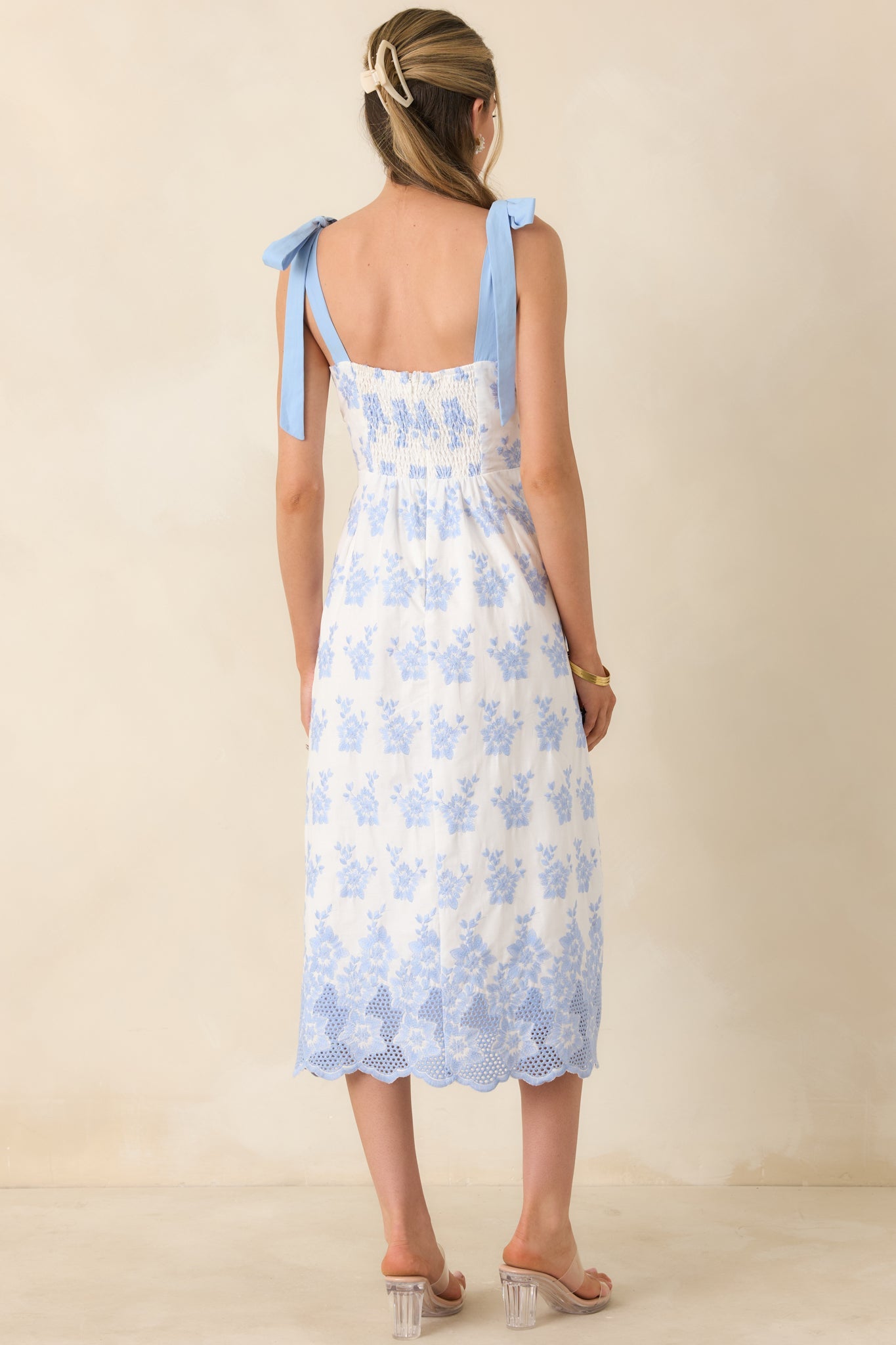 Made For Lovely Days Blue Embroidered Cotton Tie-Strap Midi Dress