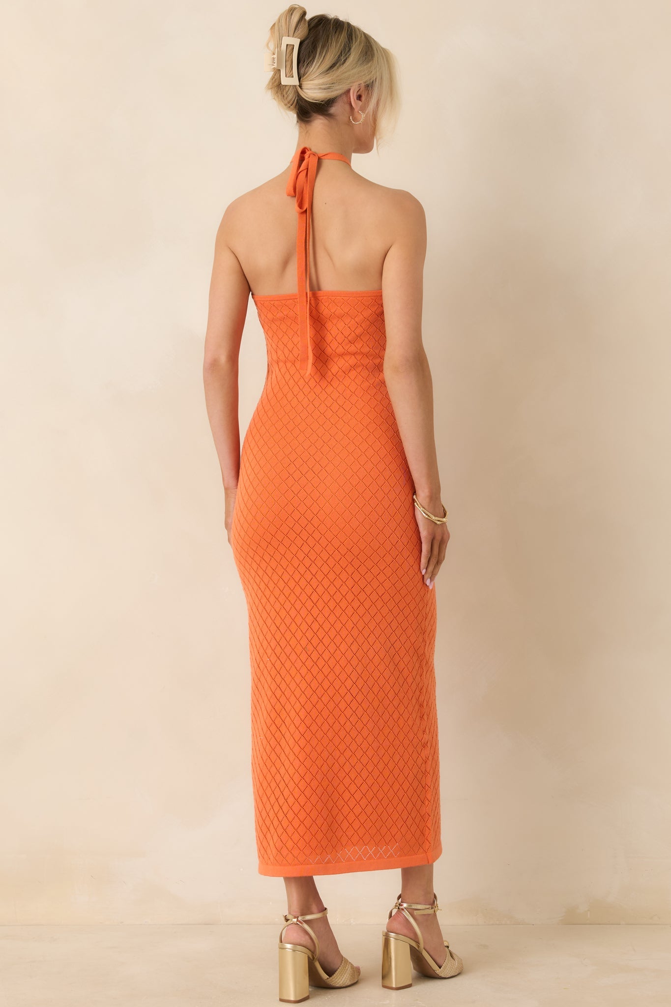 Causing a Heatwave Orange Textured Diamond Knit Halter Midi Dress