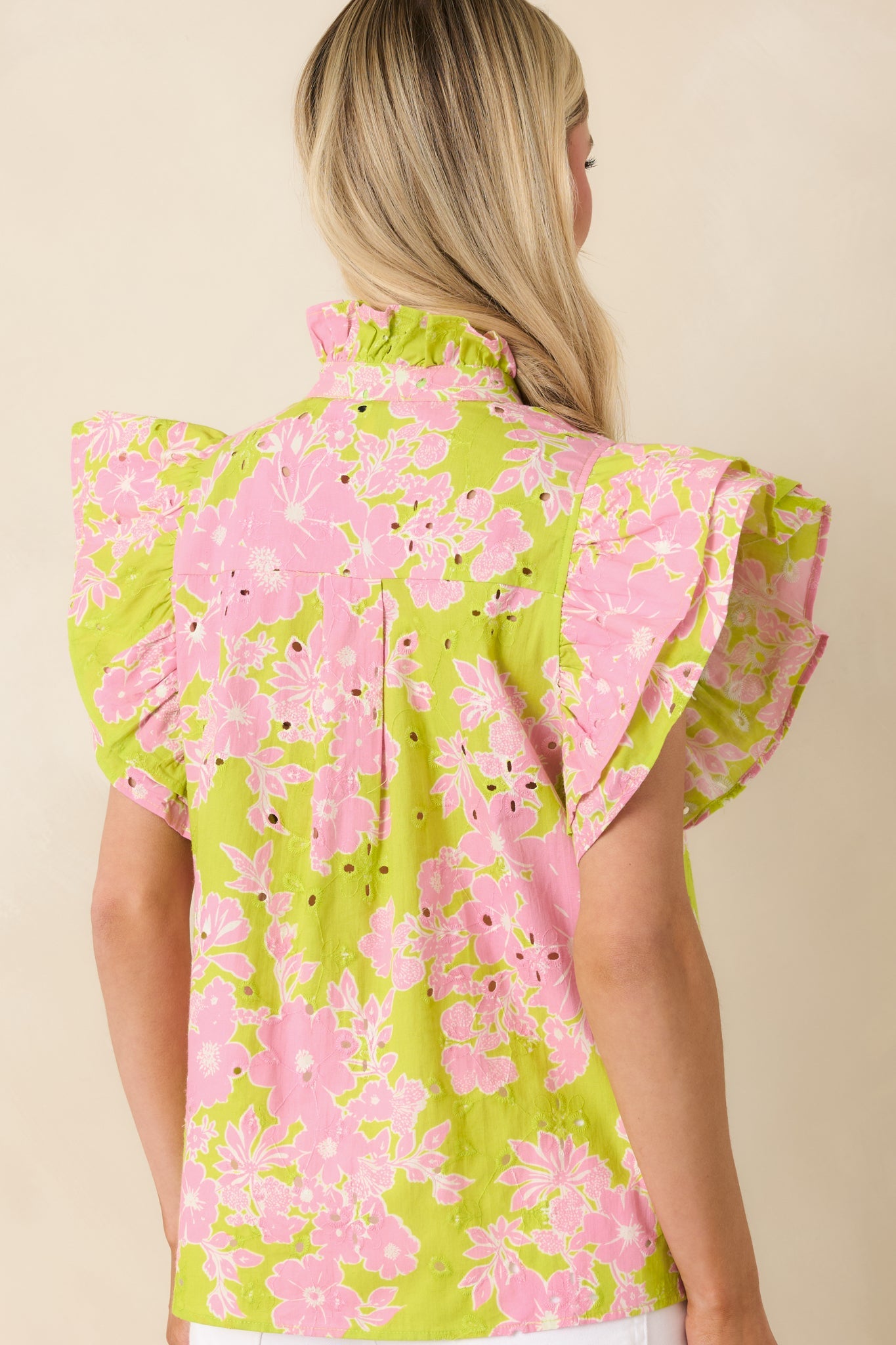Make It Known Chartreuse & Pink Floral Cotton Eyelet Top