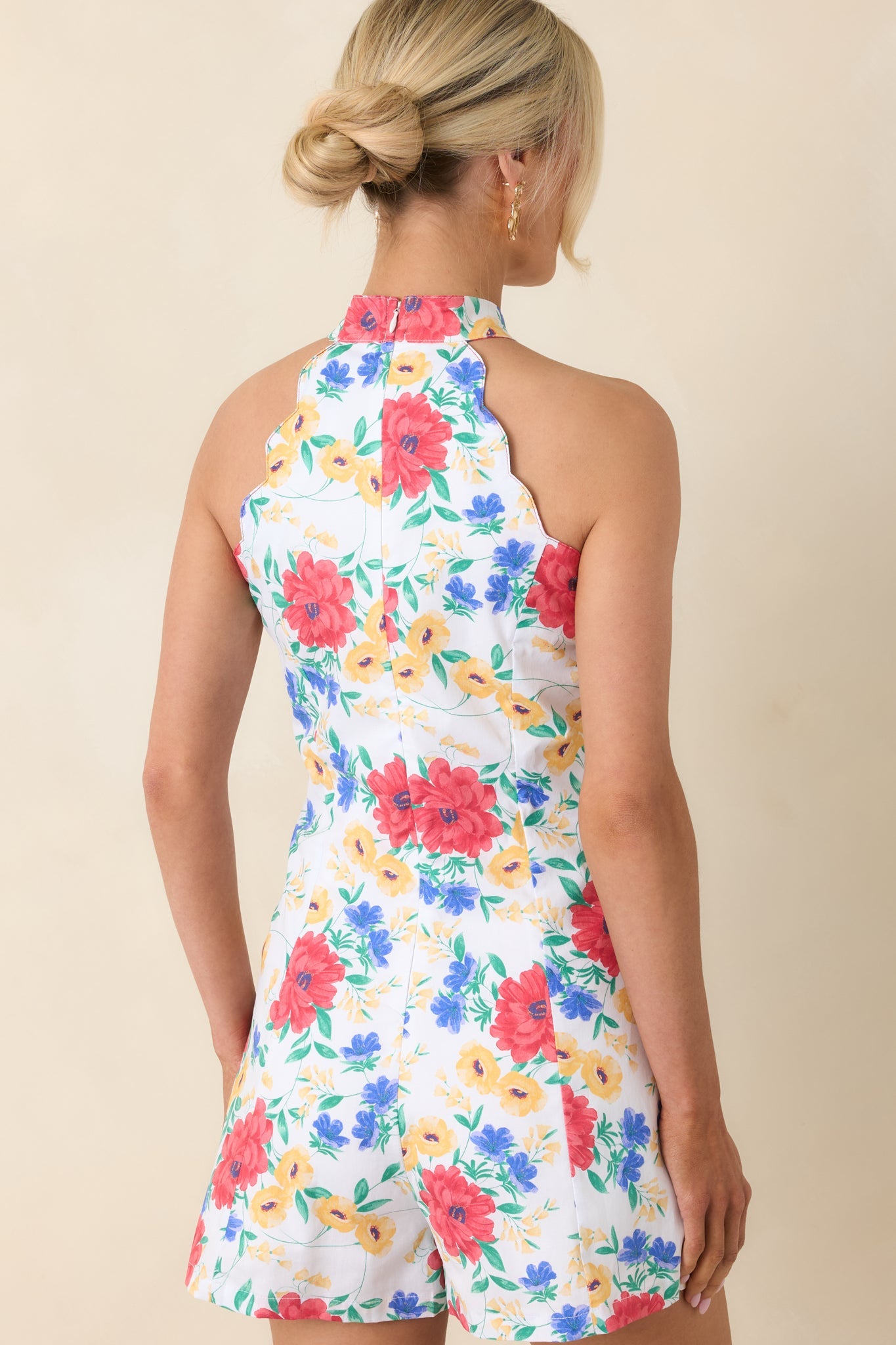 Just Too Cute Ivory Multi Floral Cotton Scallop Halter Romper