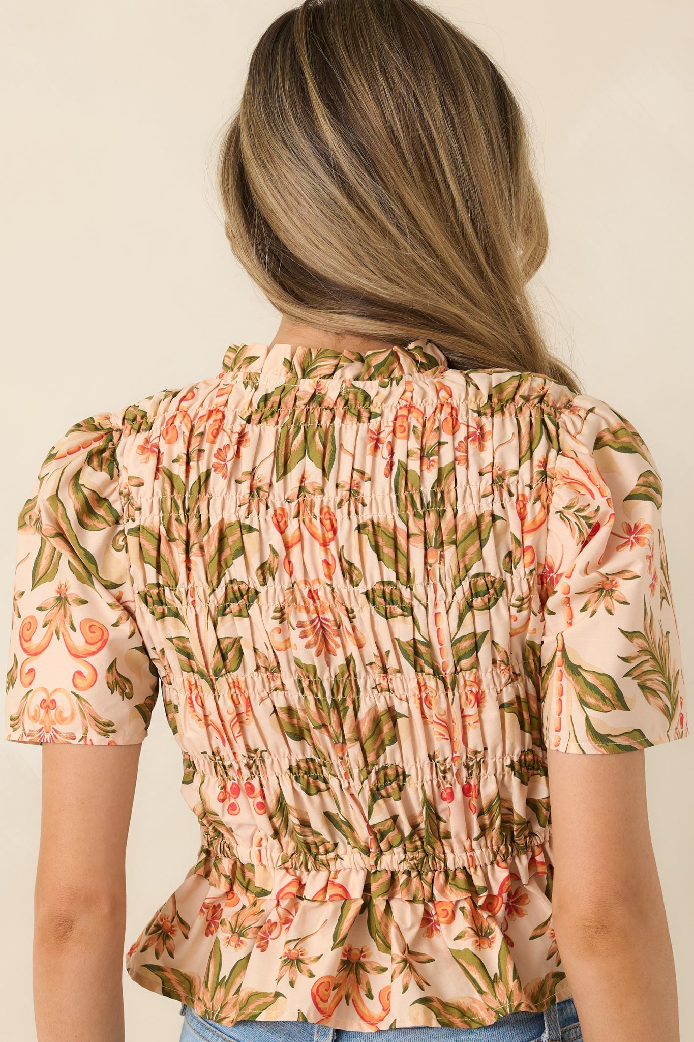 Bloom With Me Peach & Meadow Green Floral Smocked Cotton Top