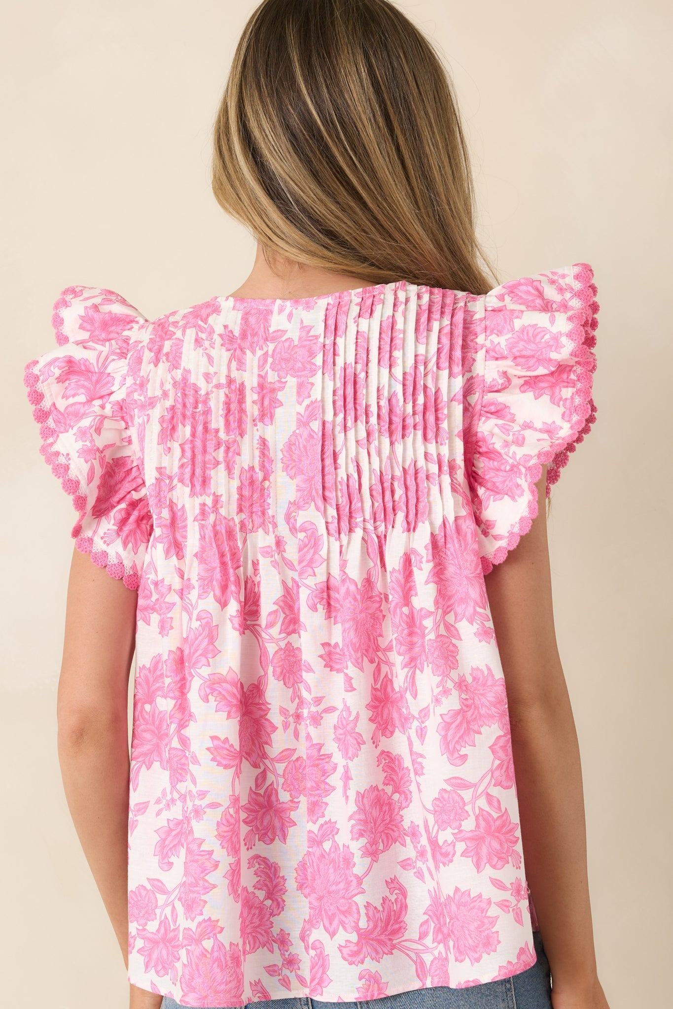 Lovely Little Details Pink & Ivory Floral Cotton Linen Top