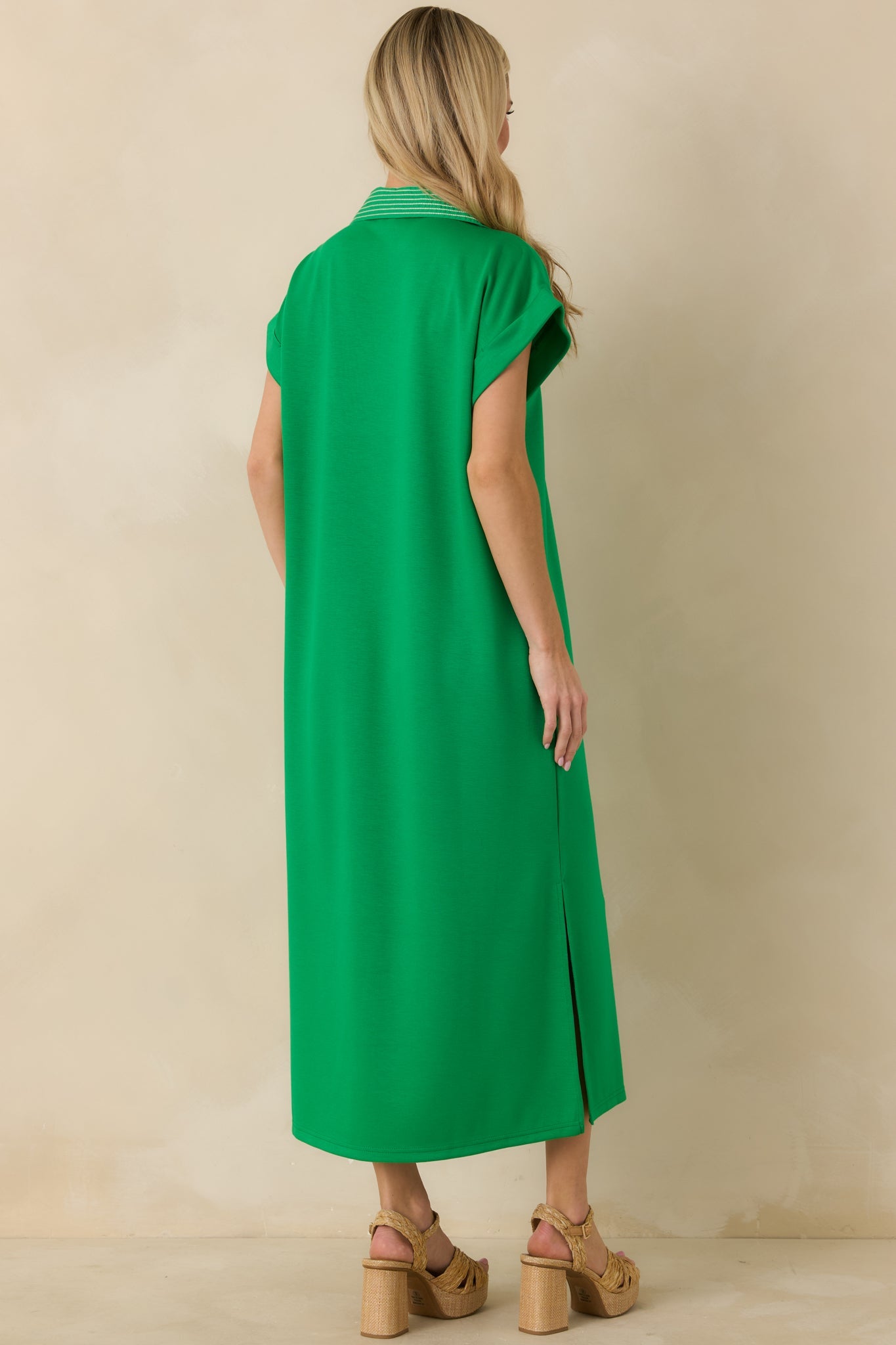 Let It Play Out Green Knit Contrast Detail V-Neck Short Sleeve Midi Dress