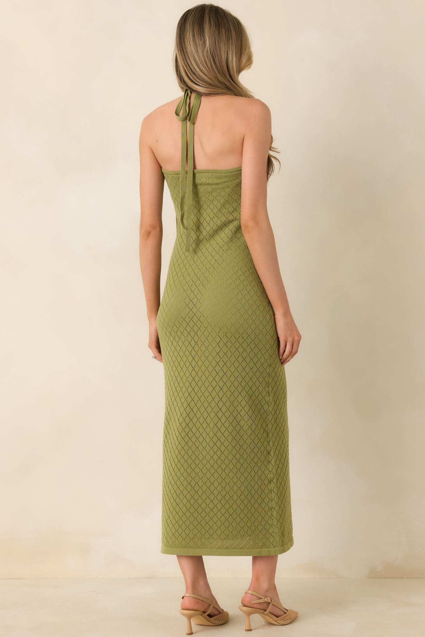 Causing a Heatwave Olive Green Textured Diamond Knit Halter Midi Dress