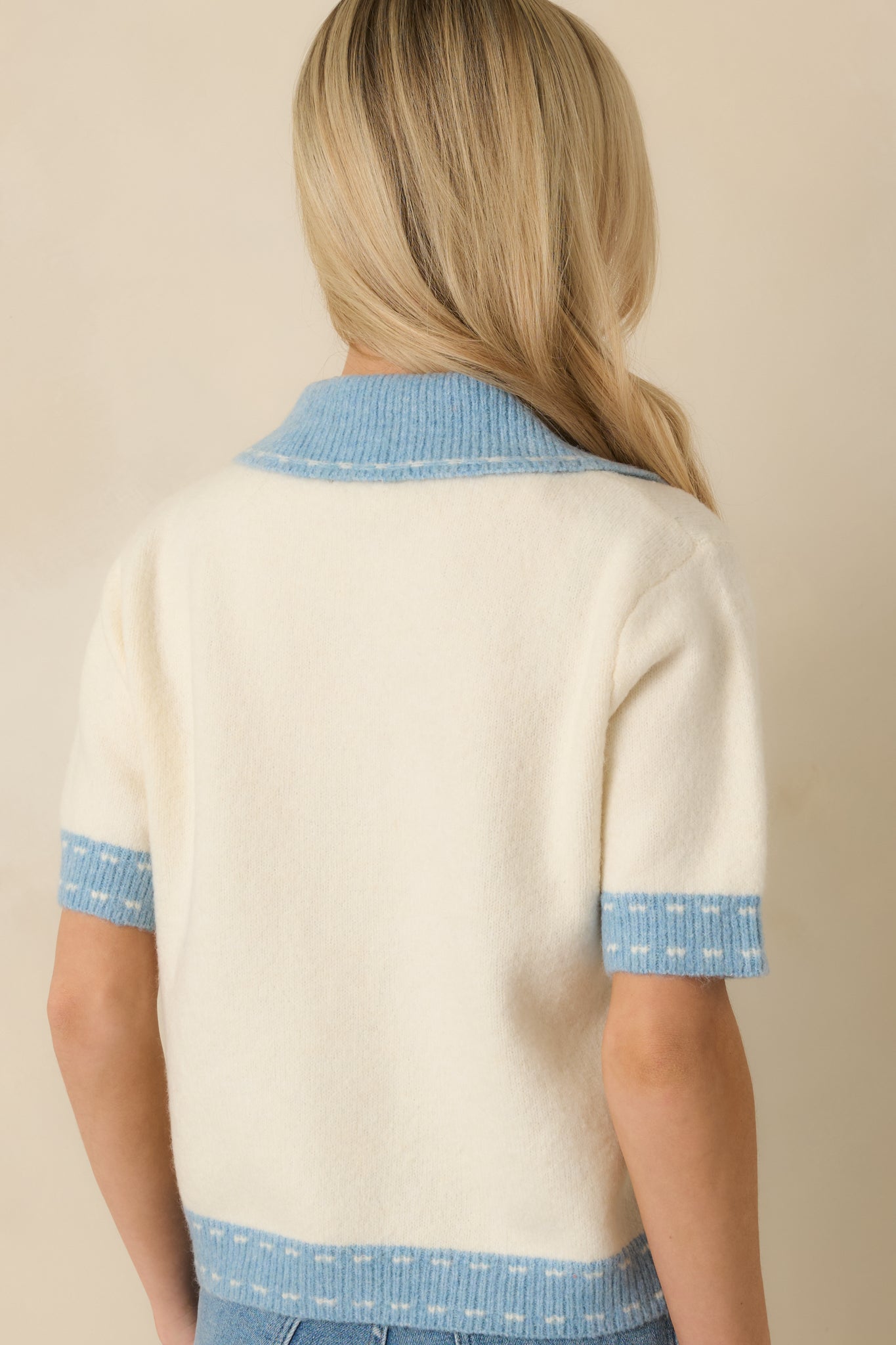 Clubhouse Chic Blue & Ivory Contrast Trim Button-Front Knit Polo Cardigan